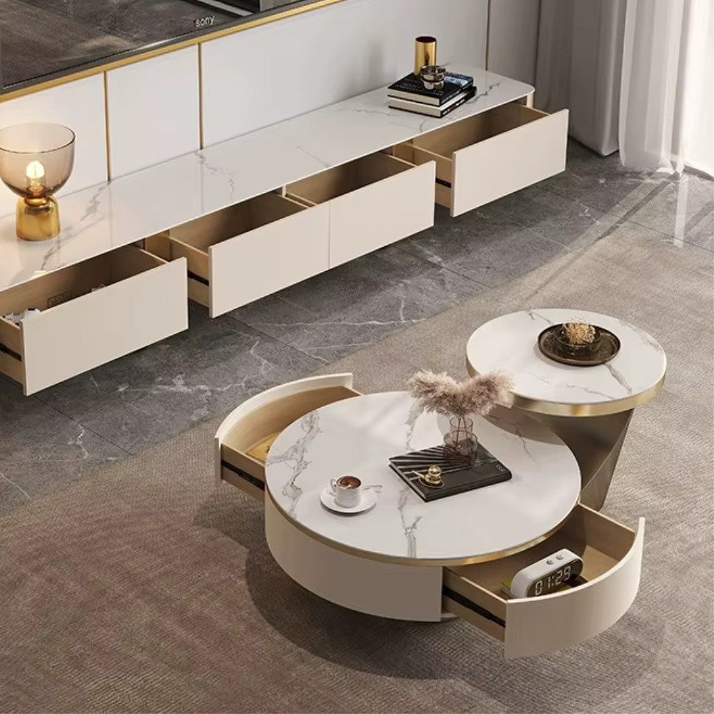 alesvelt Couchtisch edler Beistelltisch weiße Marmor Design 2er Set 90cm Wohnzimmertisch (2er Set), 90cm große Ablagefläche mit Schubladen – Bild 3 von 4