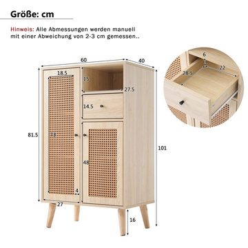 BlingBin Sideboard Eckschrank, Kommode (1 St., 2 Rattantüren, 1 Schublade, Massivholzbeine In Trapezform), Verstellbare Regalböden, 60×40×101cm