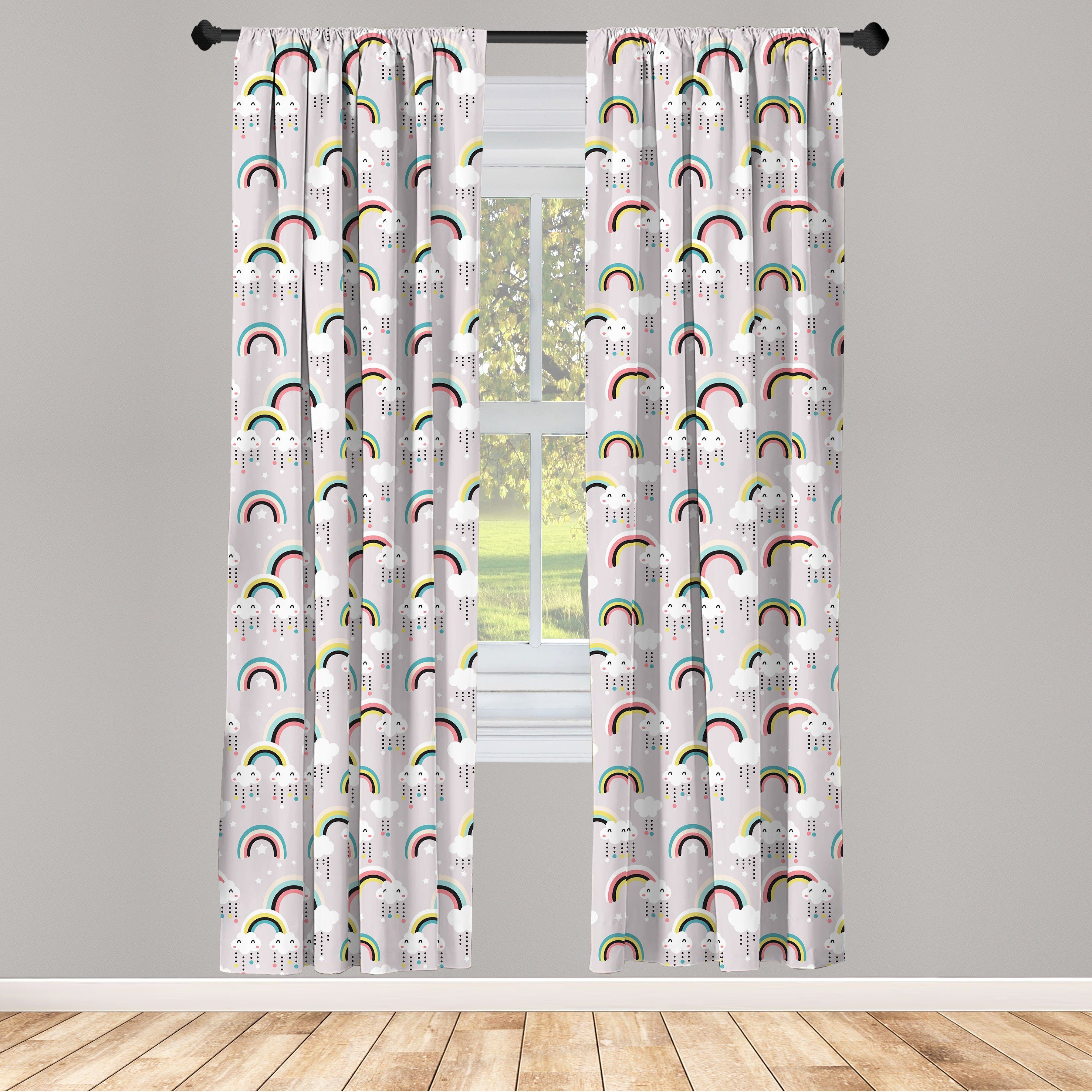 Gardine Vorhang für Wohnzimmer Schlafzimmer Dekor, Abakuhaus, Microfaser, Gekritzel Surreal Wolken Regenbogen-Stern | Fertiggardinen