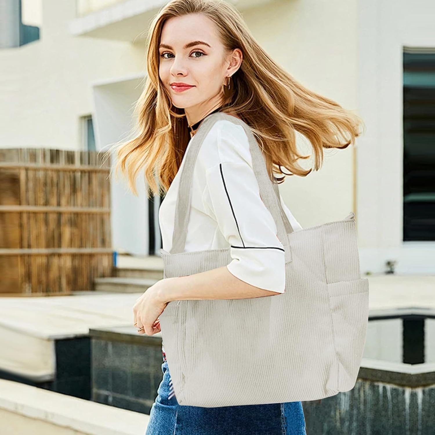 Zaewry Schultertasche Cord Tasche Damen, Beuteltasche Stofftasche, Groß Shopper Tasche (Strandtasche, Handtasche, Umhängetasche), für School Schule Arbeit Büro Reisen Einkaufen Alltag