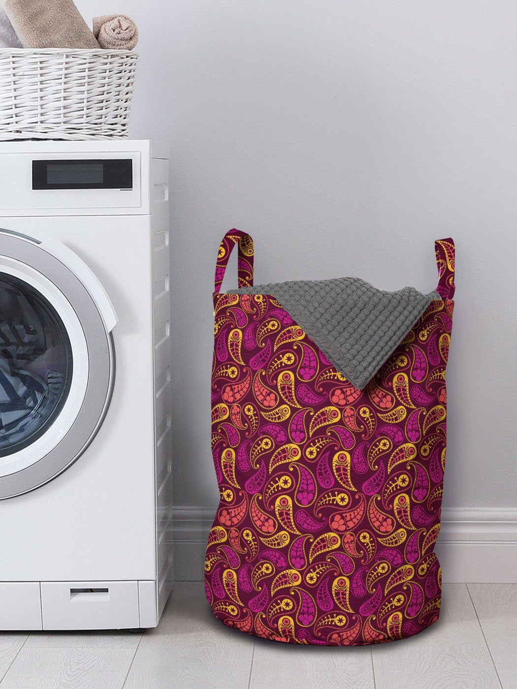 Abakuhaus Wäschesäckchen Wäschekorb mit Griffen für Waschsalons, Kordelzugverschluss Paisley Damast-Folk Brown Antique