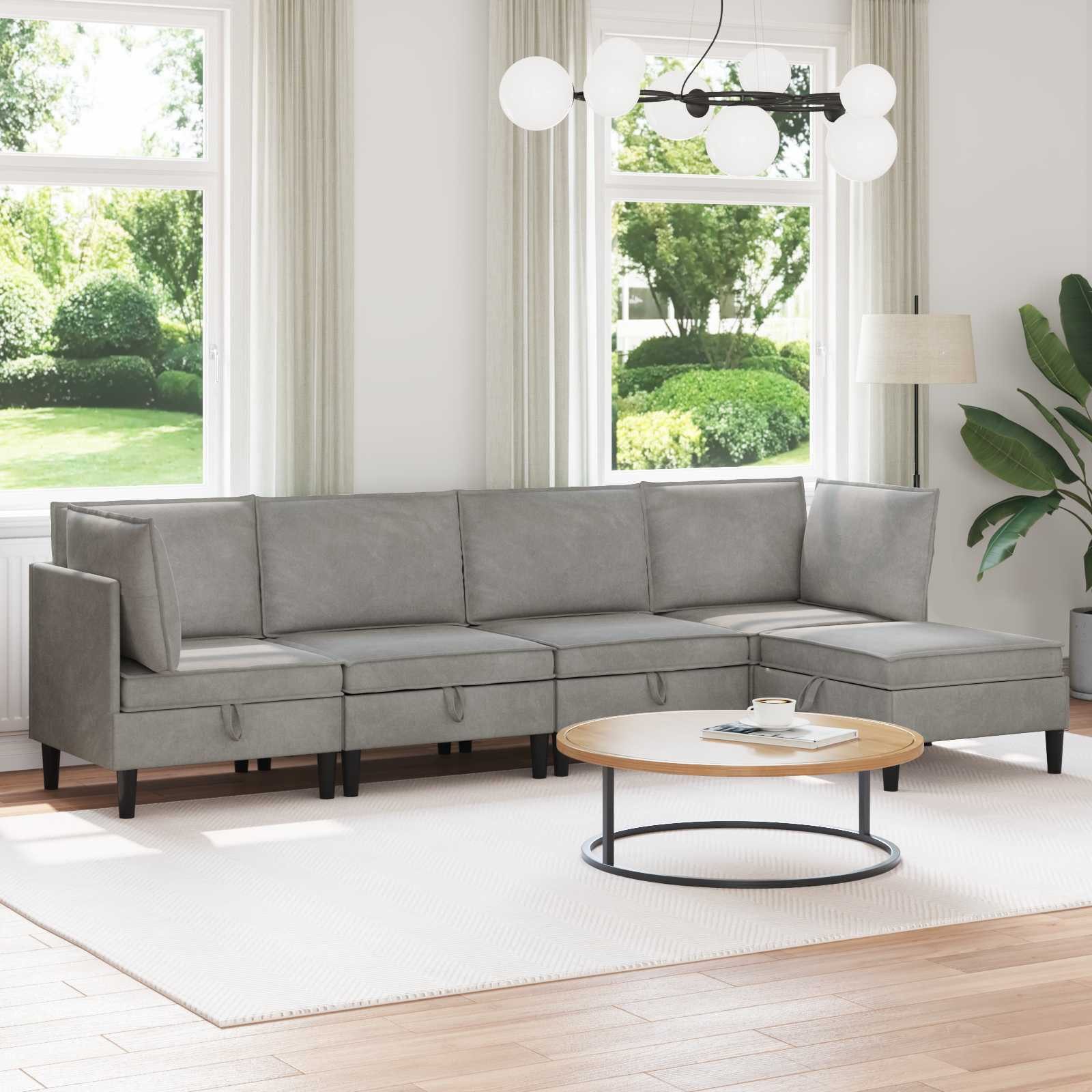 vidaXL Wohnzimmer-Set Wohnzimmergarnitur mit Kissen mit Speicher 5 pcs Hellgrau Samt, (5-St)