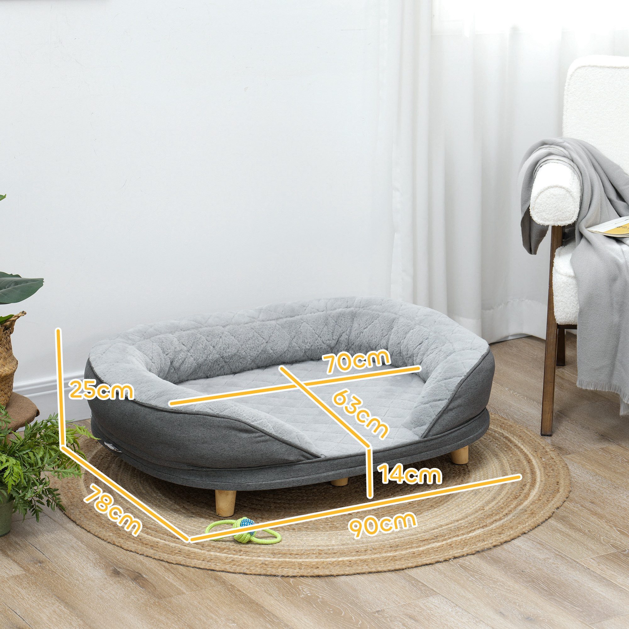 PawHut Tierbett Waschbarer Bezug, mit Rückenlehne und Holzbeine, Polyester, für mittelgroße Hunde unter 25 kg, Grau