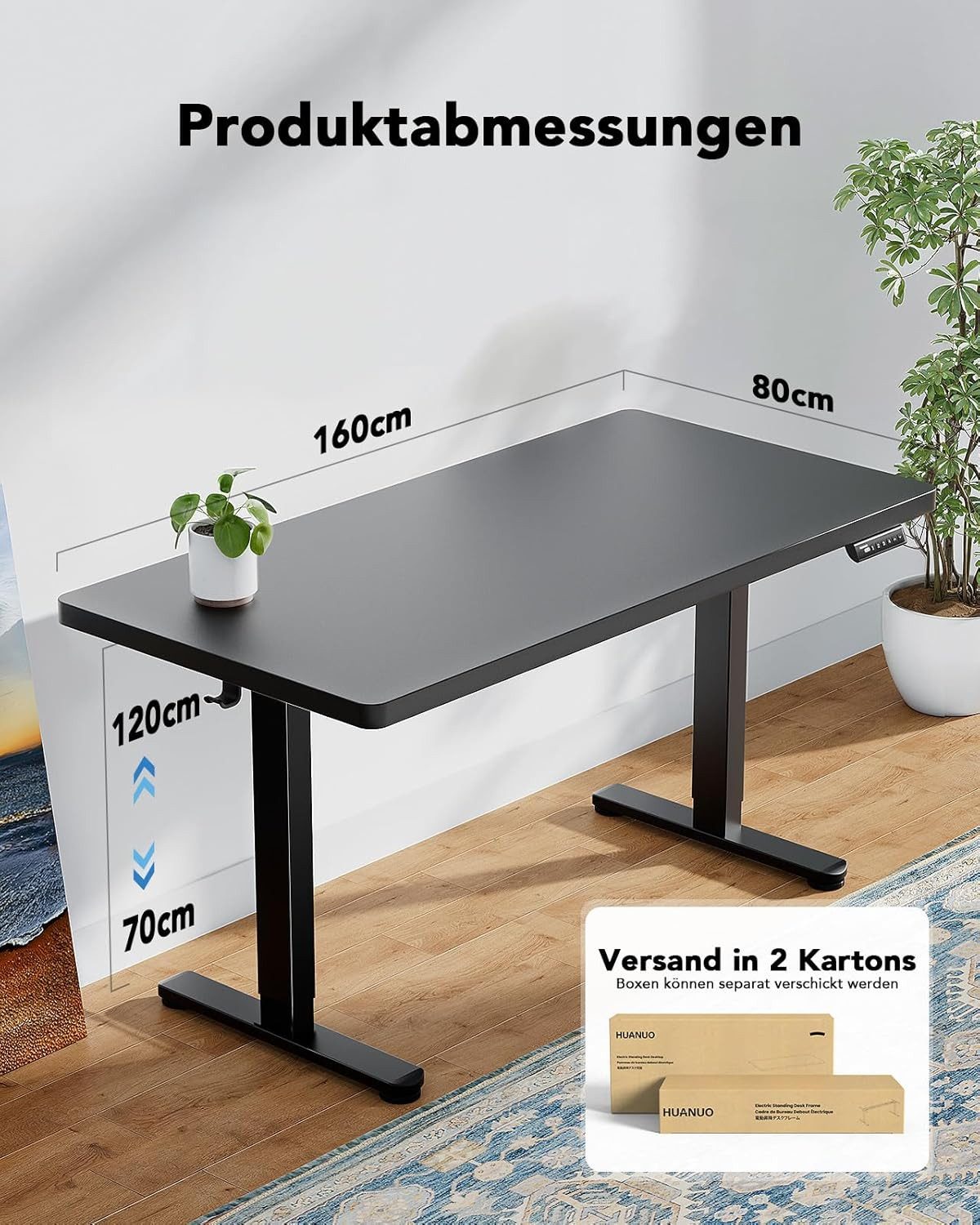Huanuo Schreibtisch Höhenverstellbarer Schreibtisch 160x80cm/140x70cm (25MM Ganze Tischplatte mit Bürstenloser Motor), Geräuschpegel höchstens 55 Dezibel