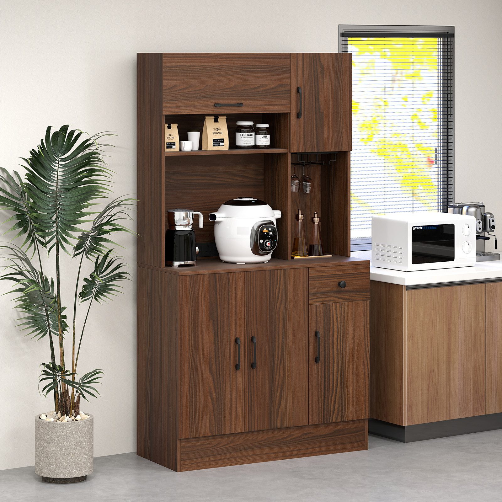 COSTWAY Küchenbuffet Schrank Hoch mit Steckdosen, Arbeitsplatte Braun günstig online kaufen