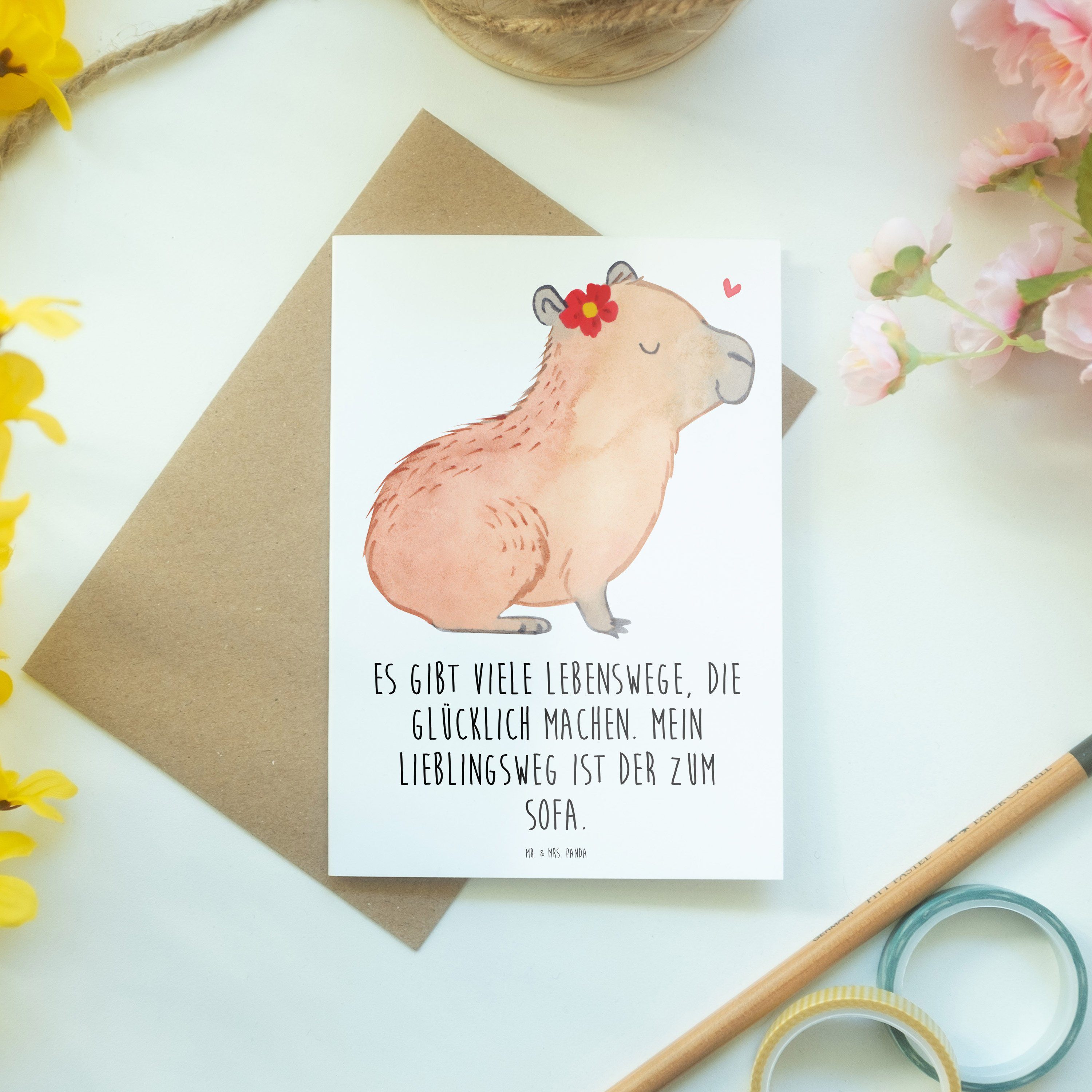 Mrs. Capybara Geschenk, Grußkarte Mr. Panda Blume Weiß Hochzeitskarte, Laune & Gute - Tiere, -