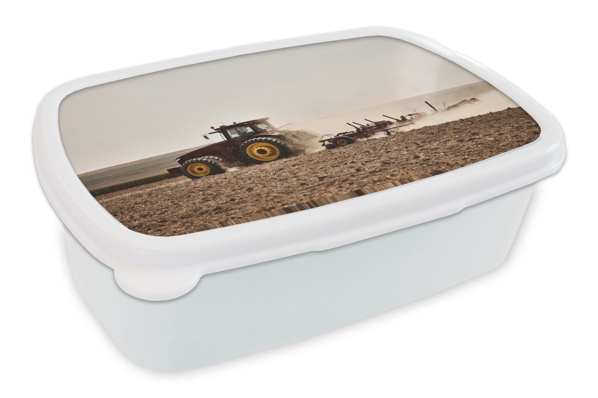 Lunchbox Kinder - Brotbox Boden, Kunststoff, Mädchen für - und (2-tlg), Traktor MuchoWow für weiß und Jungs Brotdose, Rot Erwachsene,