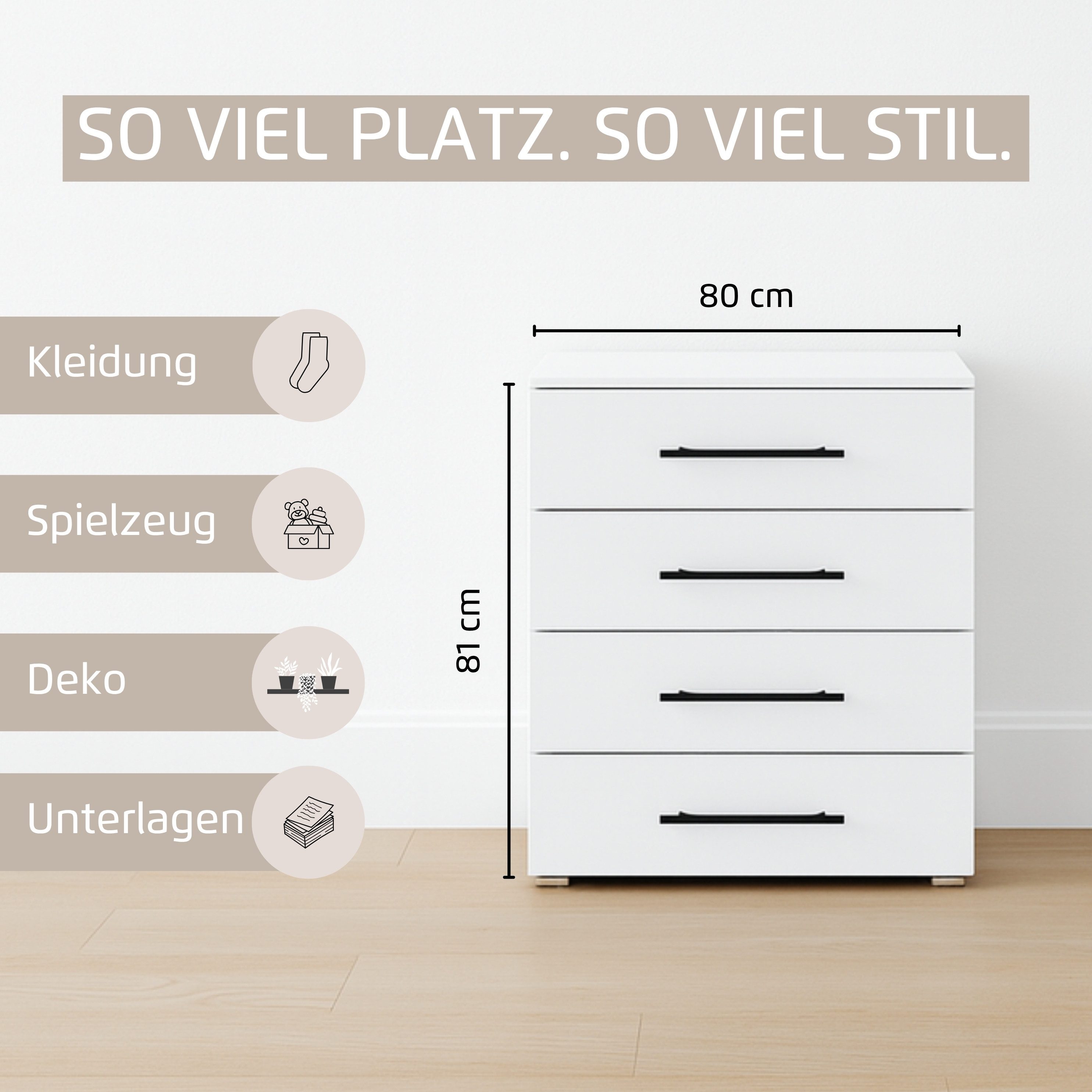 rauch Schubkastenkommode Sideboard Schubladenkommode AVOLA mit Dekorfront (Breite 80 cm inkl. Soft-Close-Funktion), vier große und geräumige Schubladen mit viel Stauraum MADE IN GERMANY