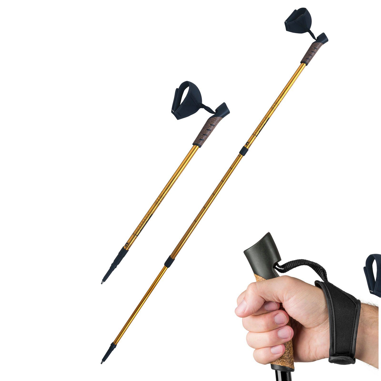 VOSSBACH Wanderstöcke Nordic Walking (1x Paar, Inkl. 12 Untergrund Aufsätze), Anti-Schock Federung