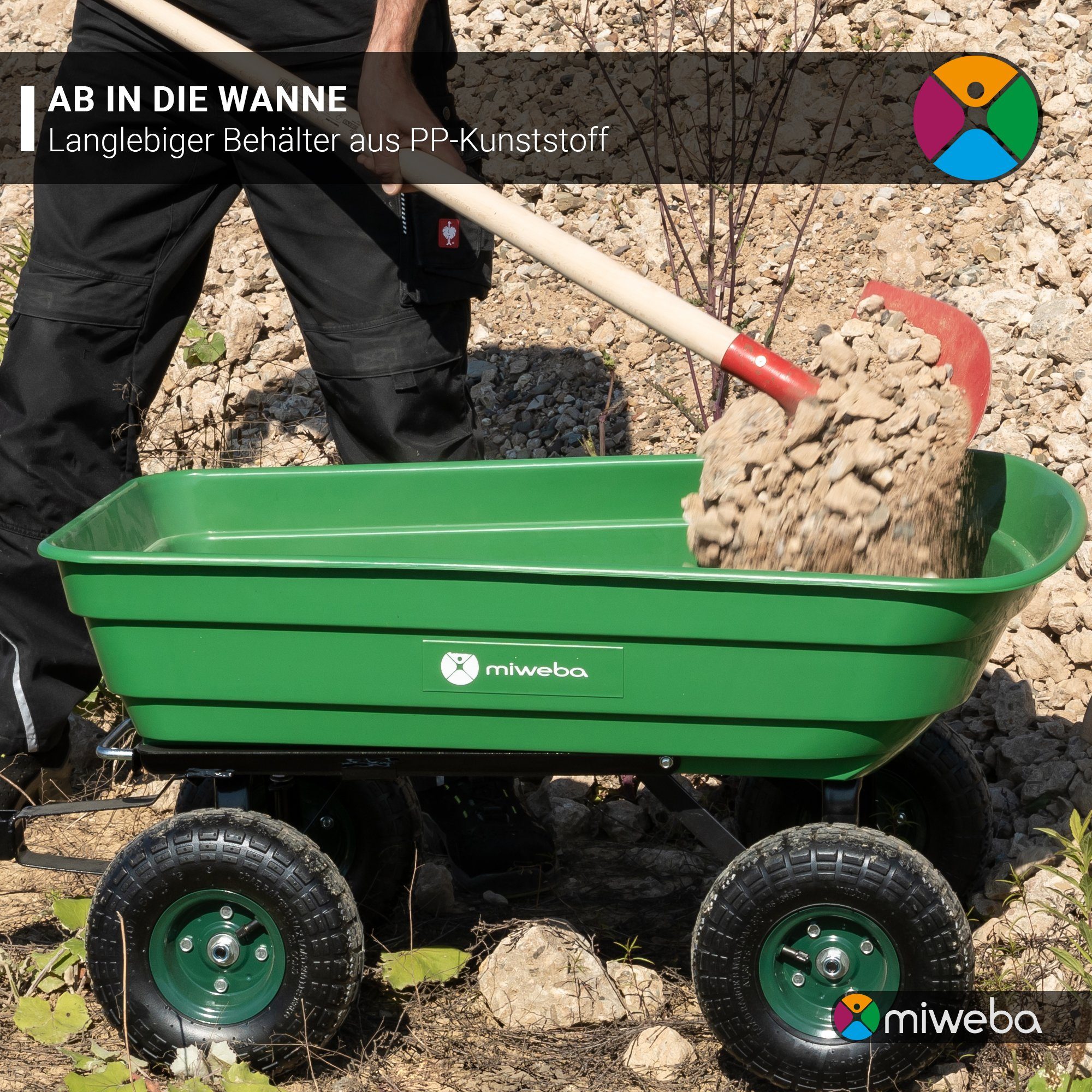 miweba Bollerwagen Gartenwagen Transportkarre Dumper (300 kg Zuladung - Kippverriegelung - 75 L Volumen - Kippfunktion - Doppelachse, 1-tlg., deichselgeführte Lenkachse - Anhängerfunktion - Luftreifen), Transportwagen - Gartenkarre- Gartenwagen - Schubkarre