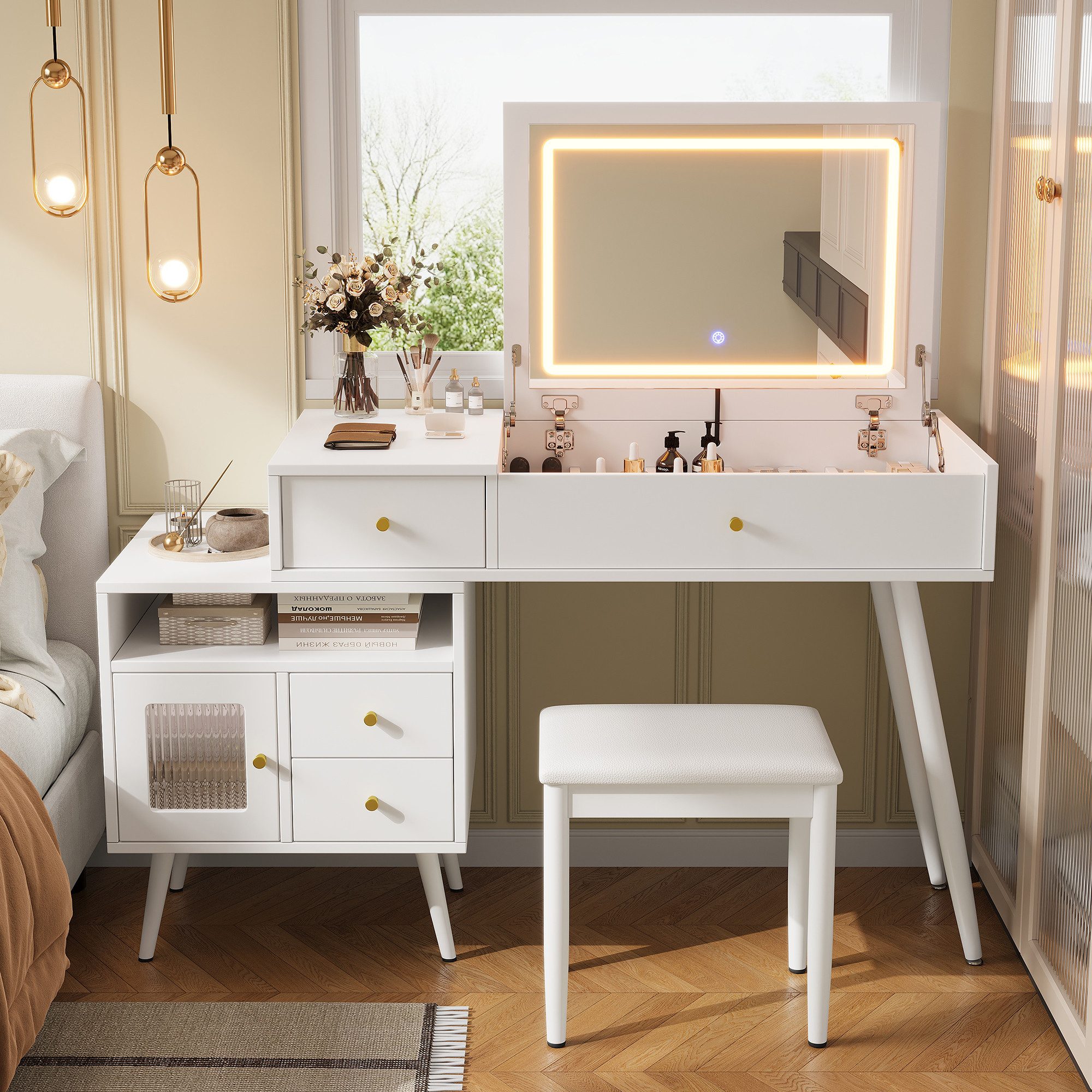 i@home Schminktisch mit Hocker (Kosmetiktisch-Set mit Hocker und LED Spiegel), LED Spiegel, 3-farbige LED-Beleuchtung, 120*77,5*50cm,weiß/braun