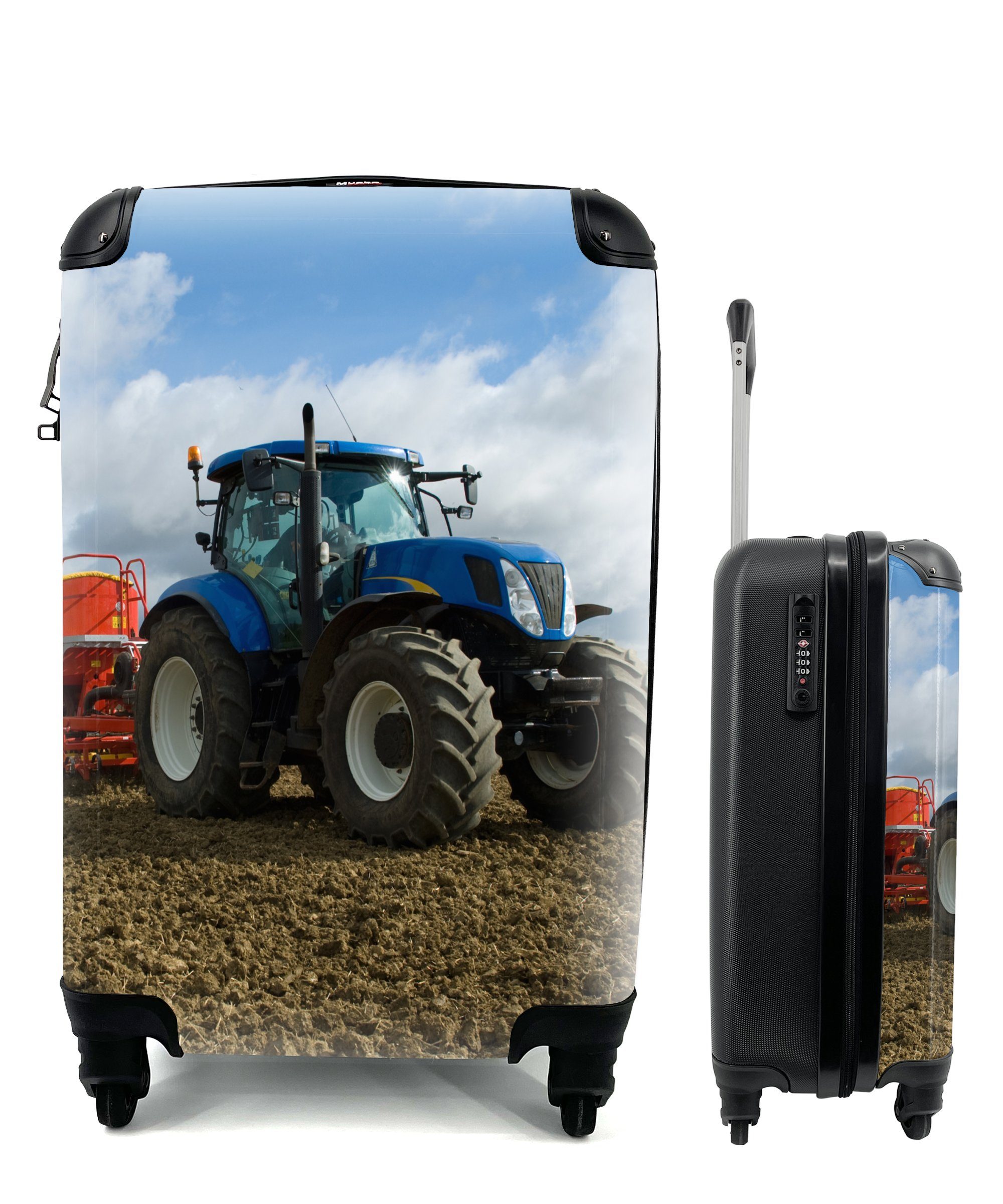 MuchoWow Handgepäckkoffer Traktor - Blau - Landleben - Wolken, 4 Rollen, Reisetasche mit rollen, Handgepäck für Ferien, Trolley, Reisekoffer