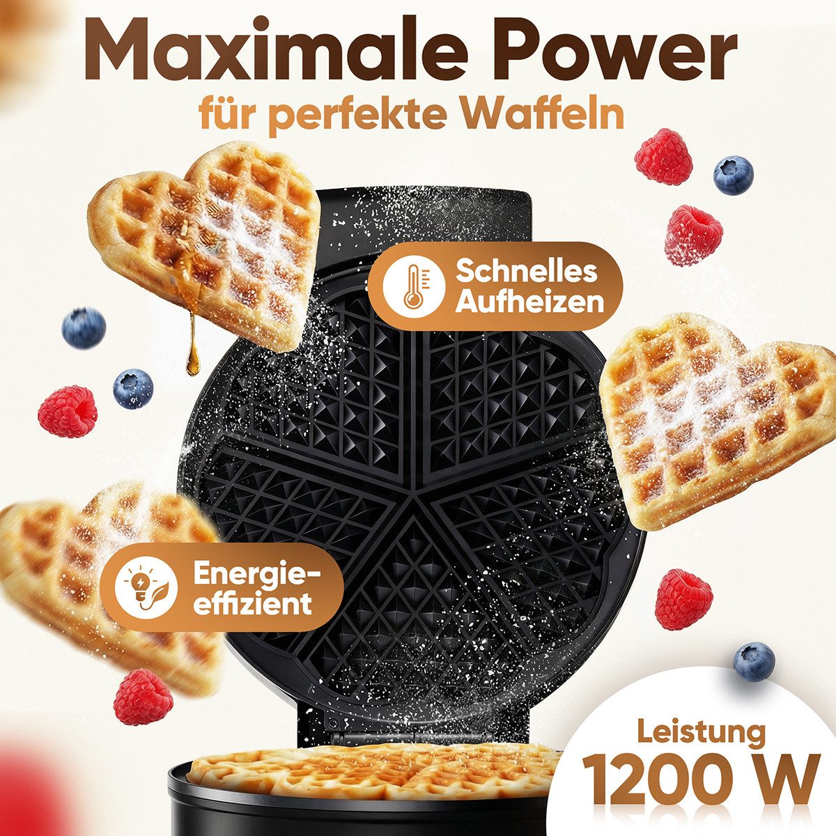 ProfiCook Waffeleisen PC-WA 1314, Waffeleisen Herzform, Antihaftbeschichtung, 1200W