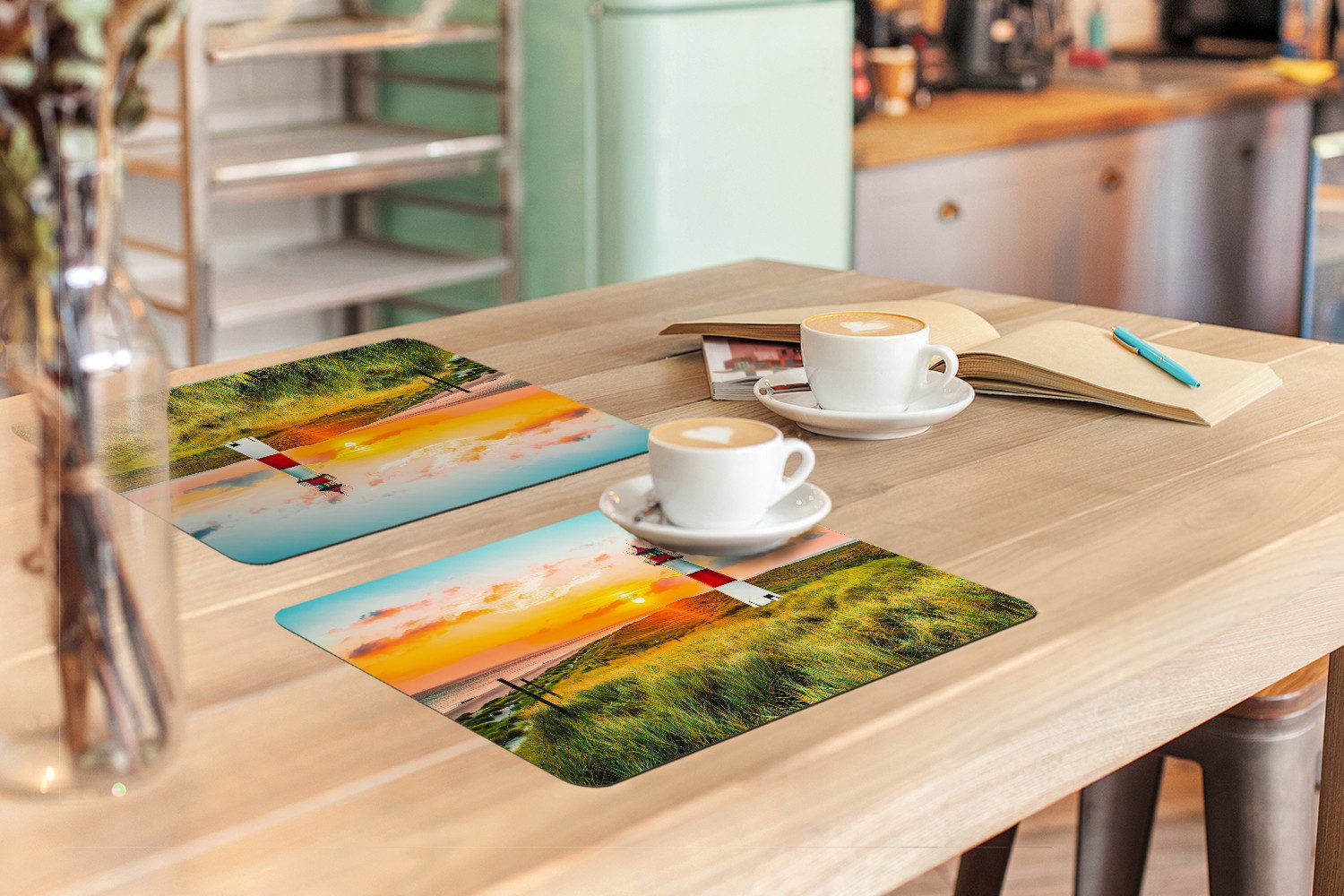 MuchoWow Platzset Leuchtturm - Natur - Sonne - Landschaft - Gras - Strand - Meer, (6-St), Platzsets, Tischset, Abwaschbar, Tischsets, Platzdeckchen – Bild 3 von 5