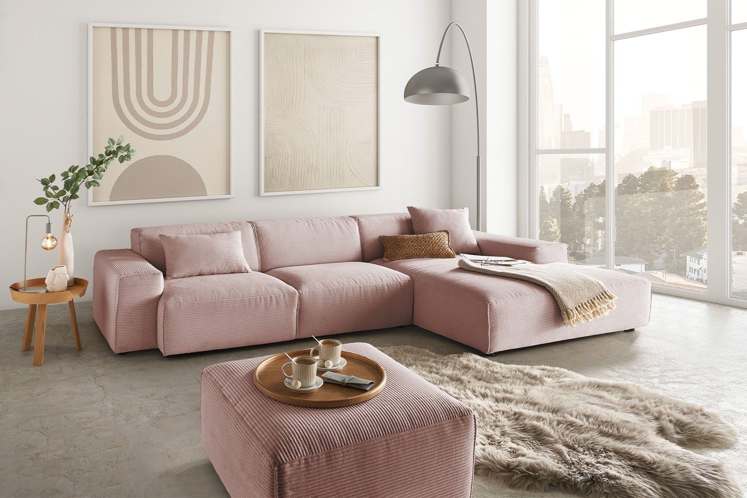 KAWOLA Ecksofa RANI, Sofa Cord, Recamiere rechts od. links, versch. Farben rosa | rosa