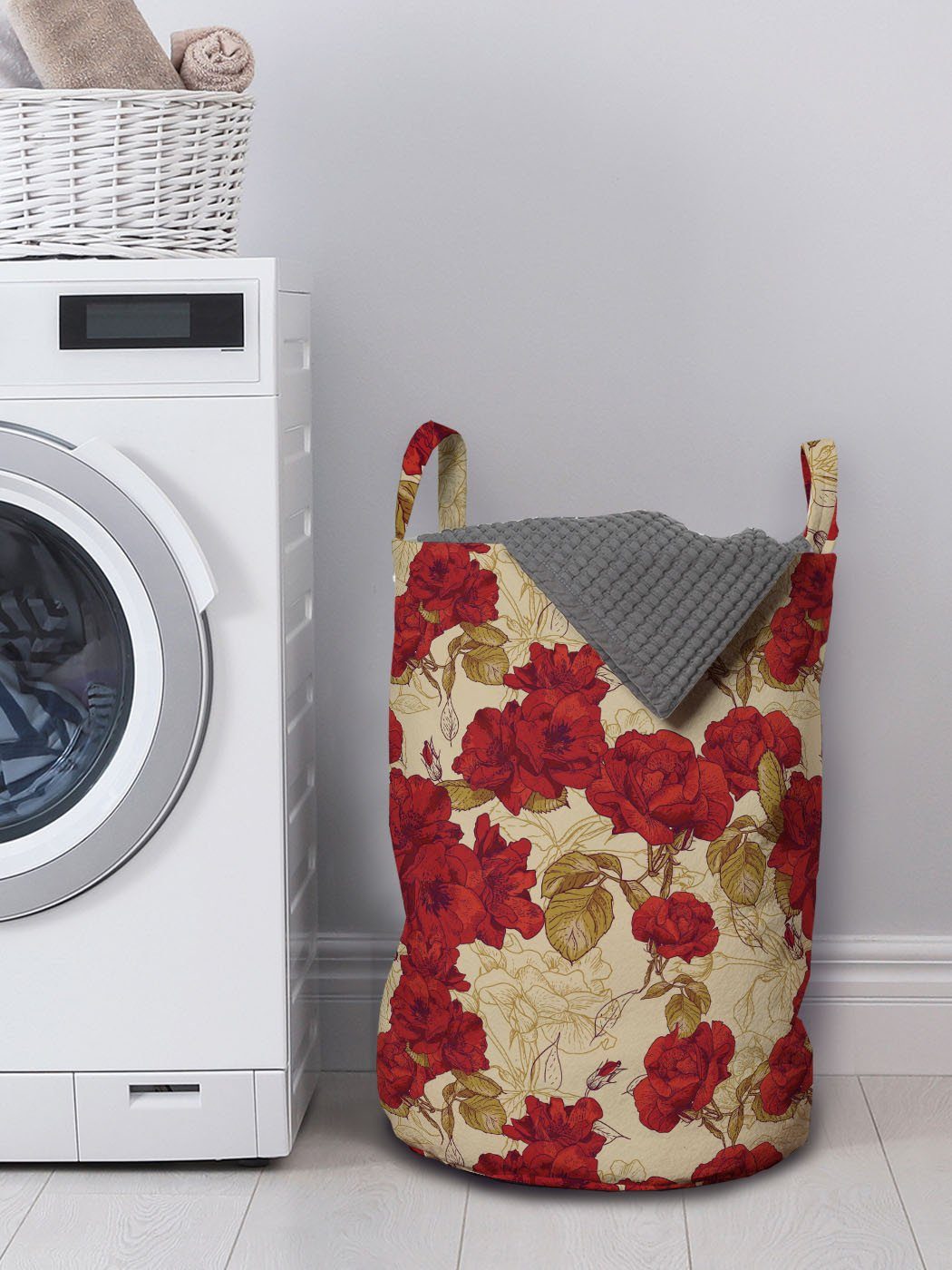 Waschsalons, Kordelzugverschluss Griffen Wäschekorb Rosen für mit Jahrgang Rote Wäschesäckchen Romantische Abakuhaus