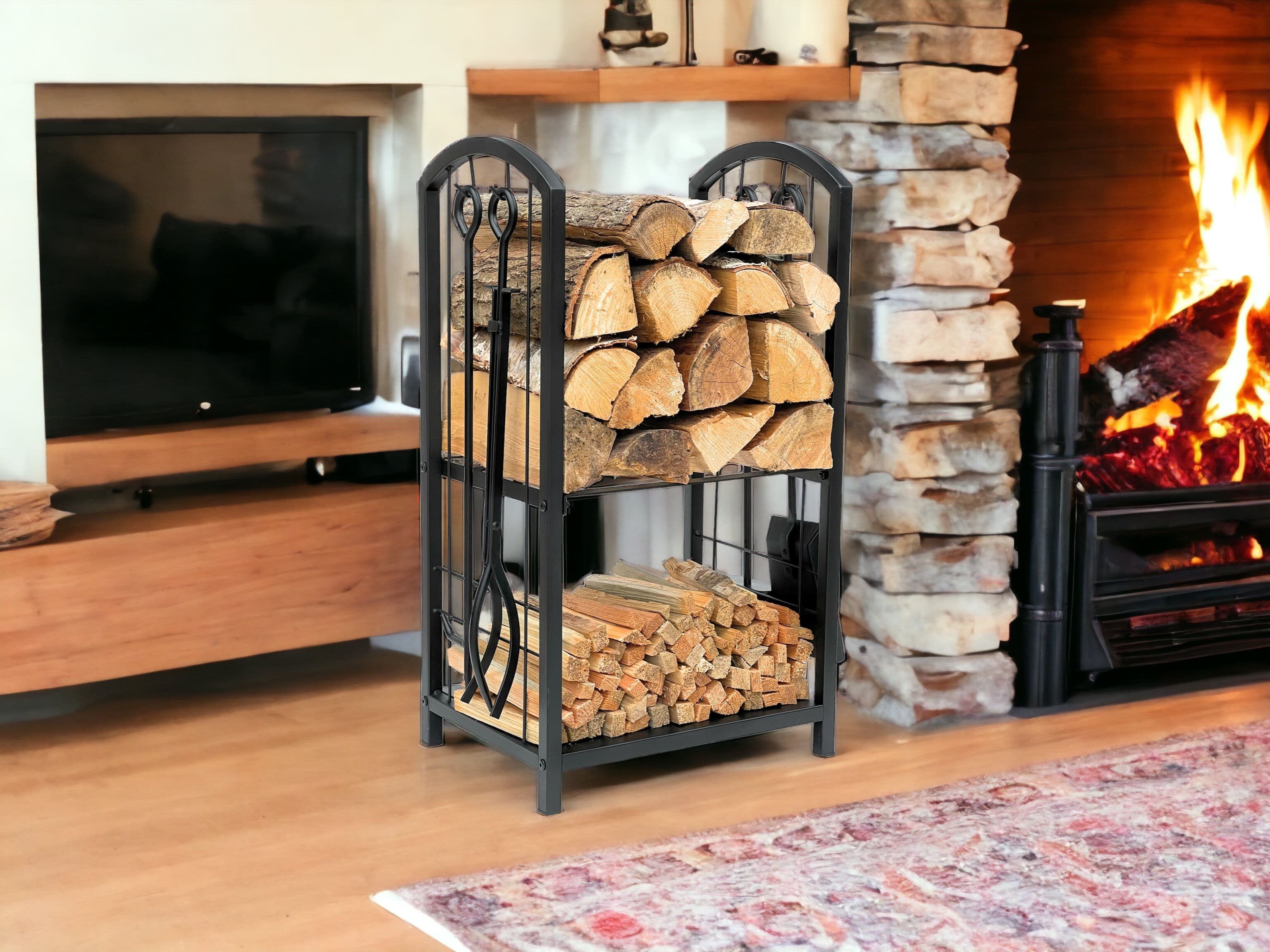DanDiBo Kaminholzregal Metall Schwarz 72 cm mit Kaminbesteck Kaminholzständer – Bild 3 von 5