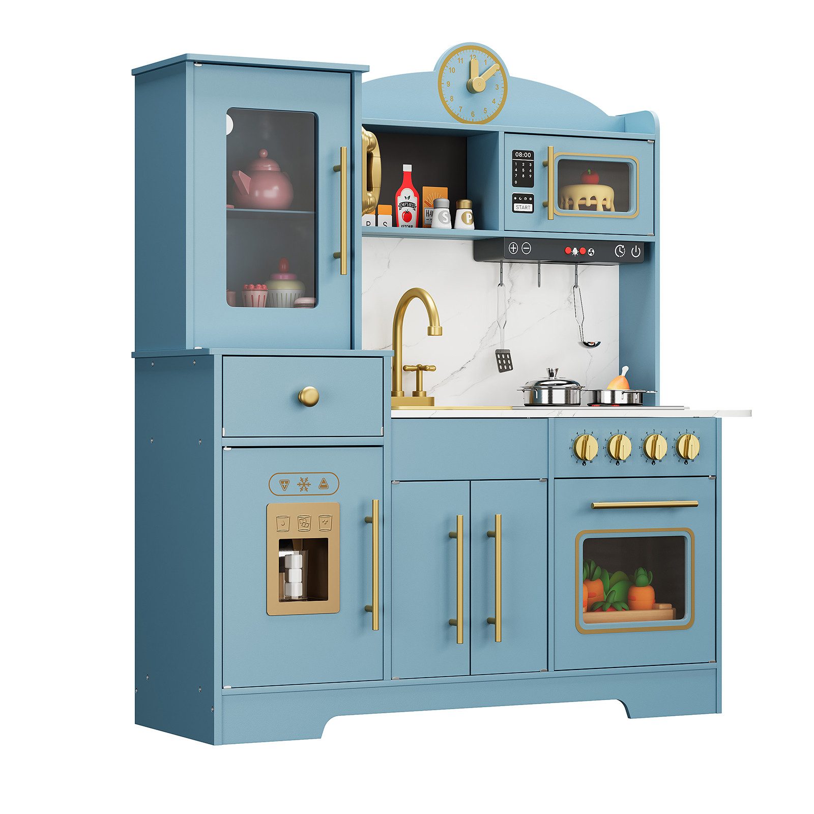 GarveeMore Kinder-Küchenset Holz Kinderküche Blau Gold 99cm Uhr Zubehör