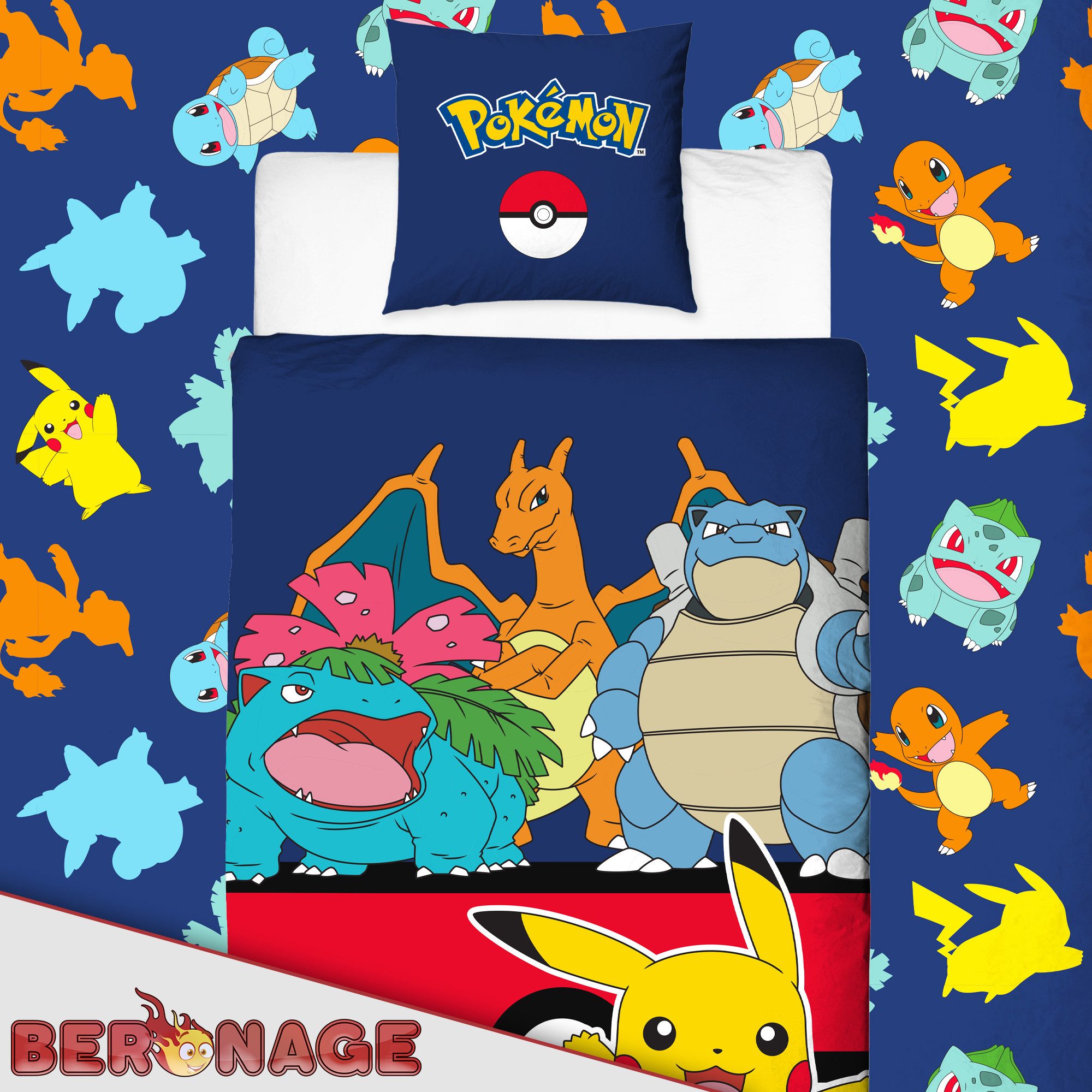 BERONAGE Kinderbettwäsche Pokemon Bettwäsche Pikachu Glurak Bisaflor Turtok Linon / Renforcé, 100% Baumwolle, 135x200 + 80x80 cm – Bild 4 von 5