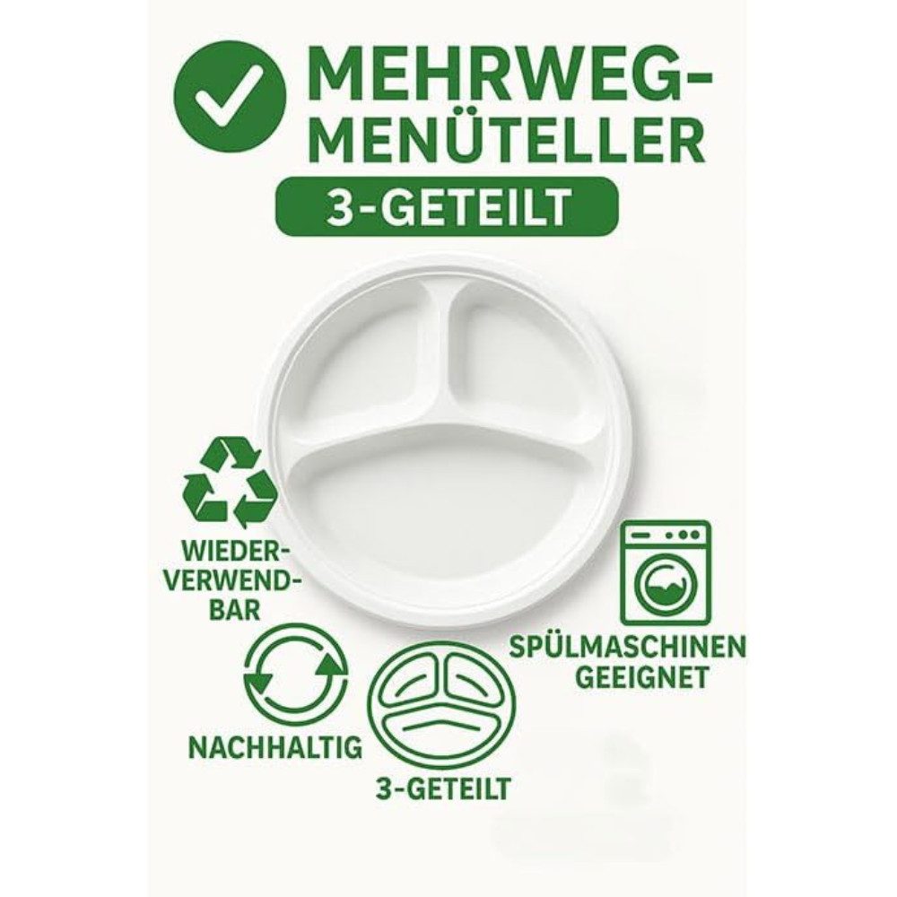 Lauroo Grillteller Menüteller 3-geteilt Ø22 cm Teller 100 Stück, (100 St)