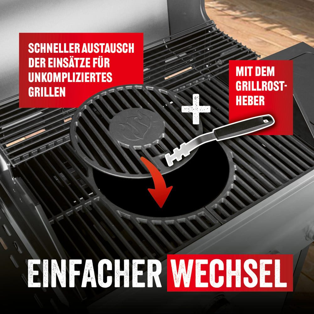 LANDMANN Grillplatte Modulus Triton 2.1 Gusseisen Pizzastein (3-St), Grillplatte, WOK, Pizzastein, Grillspieße