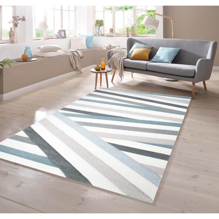 Teppich Designer Teppich mit Konturenschnitt Gestreift Pastellfarben Blau Creme Beige TeppichHome24 rechteckig