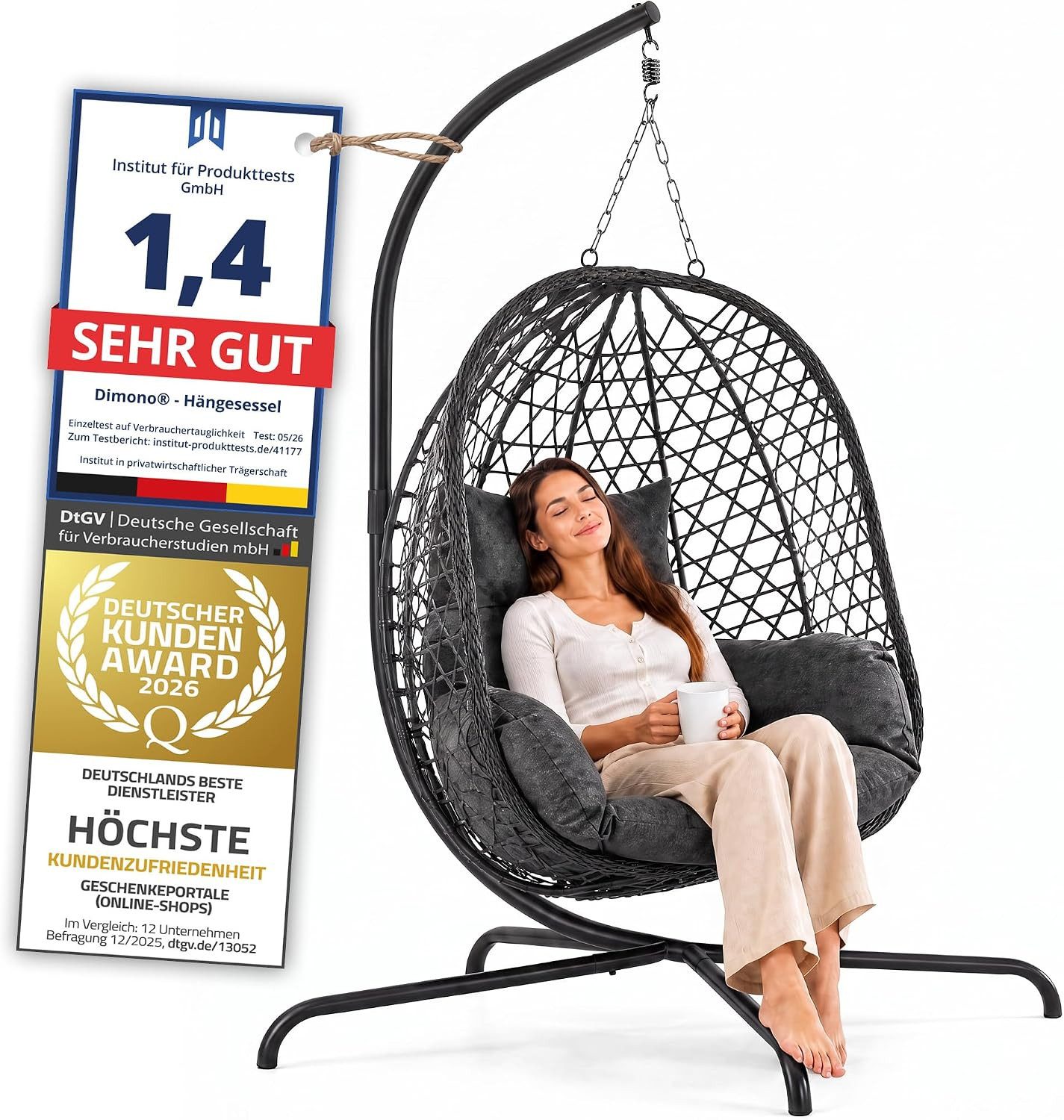 Goods+Gadgets Hängestuhl Polyrattan Hängestuhl mit Gestell und Kissen–Komfort für Innen & Außen (Hängekorb Sessel), Schwebeliege Rattan Outdoor & Indoor Relax Hängeliege