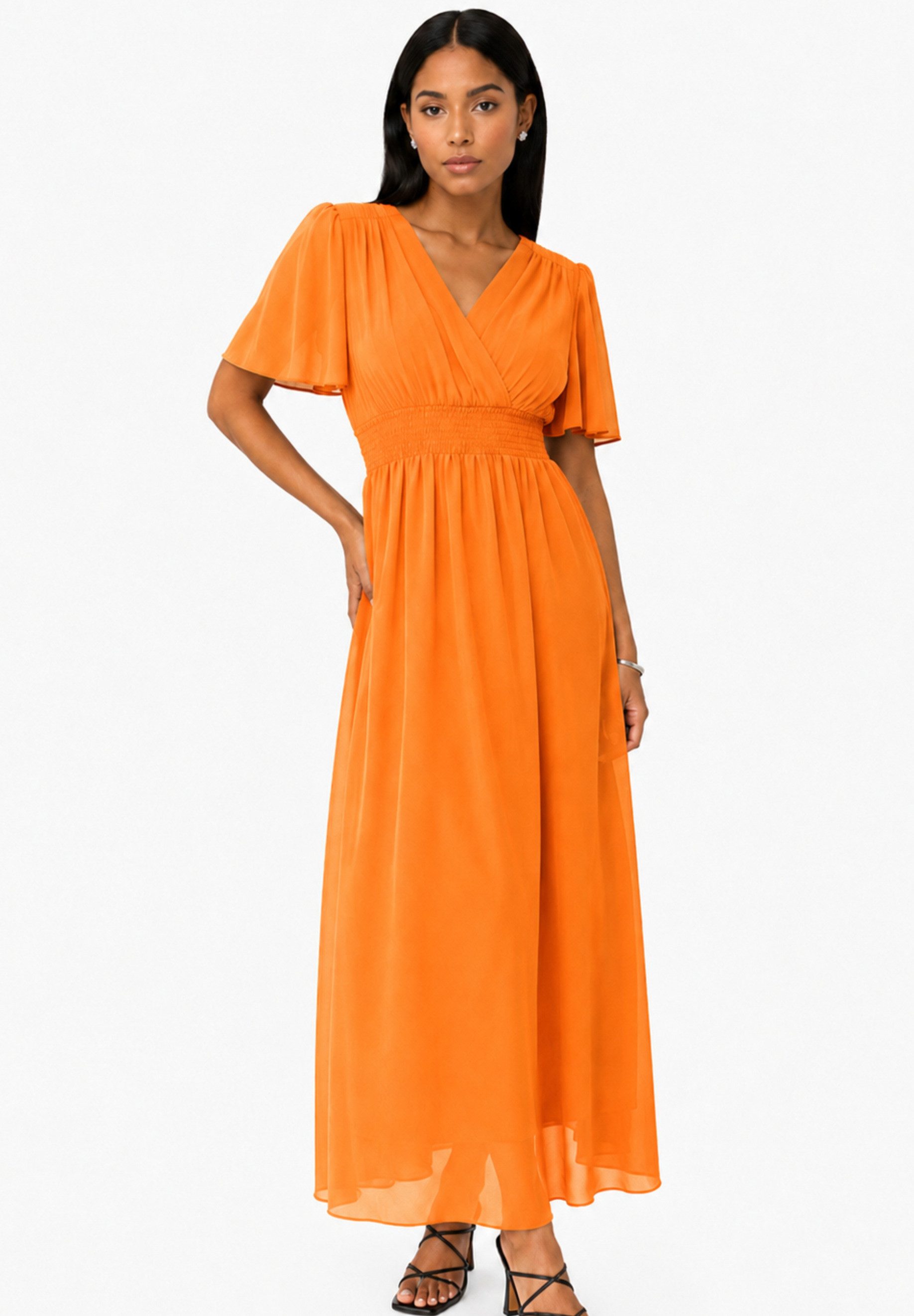 Elara Maxikleid — Damen Sommerkleid mit Wickeloptik, Smoktaille & Flügelärmeln (1-tlg) – Bild 2 von 5