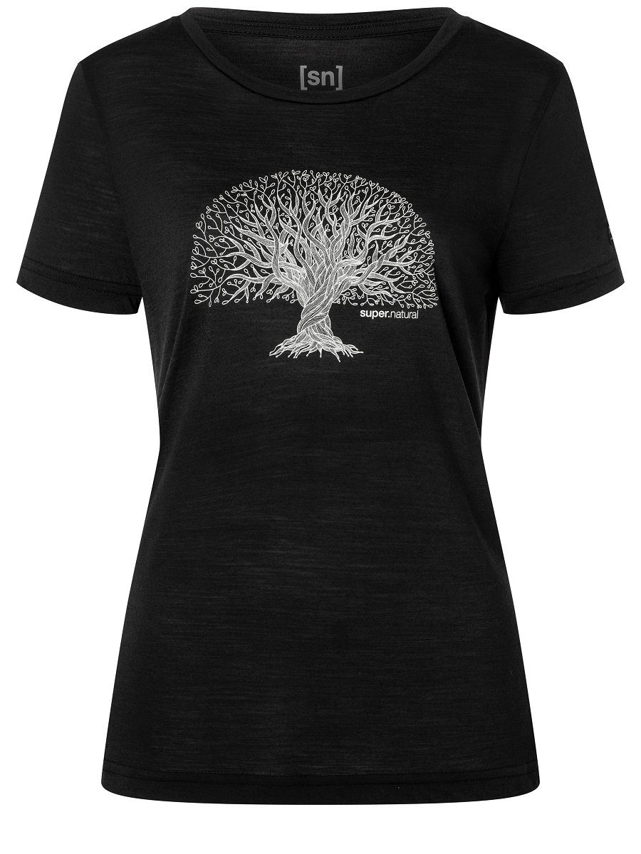 geruchshemmender SUPER.NATURAL Grey KNOWLEDGE OF Jet Black/Feather Print-Shirt TEE T-Shirt TREE Merino Merino-Materialmix W