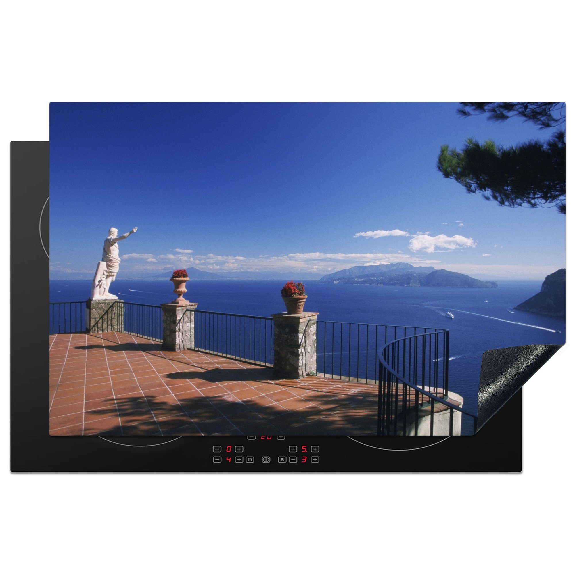 MuchoWow Herdblende-/Abdeckplatte Statue von Augustus Caesar auf einer Terrasse in Capri, Vinyl, (1 tlg), 81x52 cm, Induktionskochfeld Schutz für die küche, Ceranfeldabdeckung