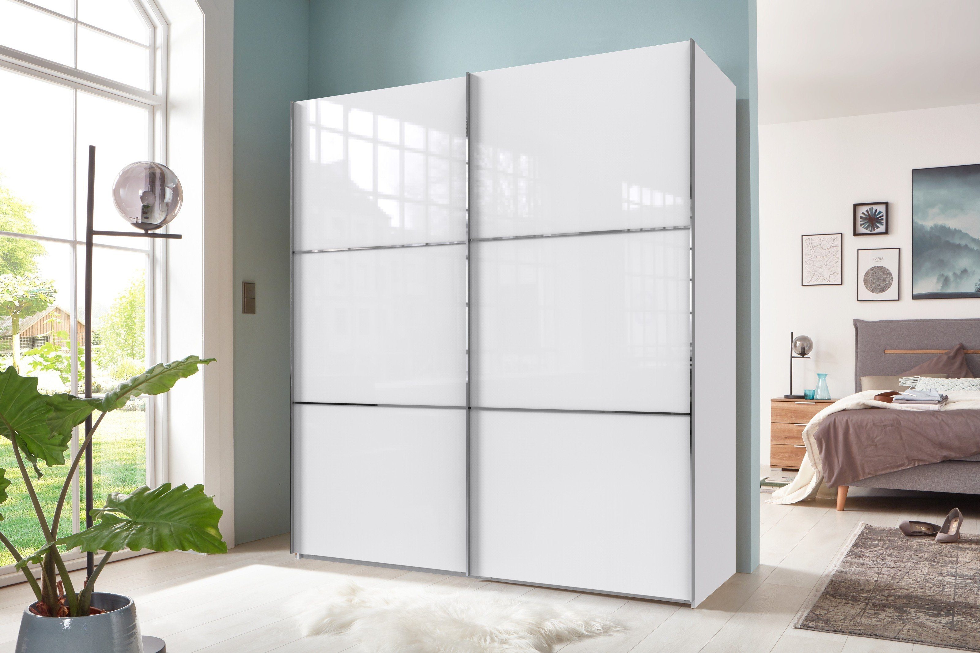 freiraum Schwebetürenschrank Escape (BxH: 200x236 cm) in WEISS + GLAS WEISS  mit 2 Türen und 4 Einlegeböden, Gefertigt aus Spanplatte E05 in Farbe WEISS  + GLAS WEISS