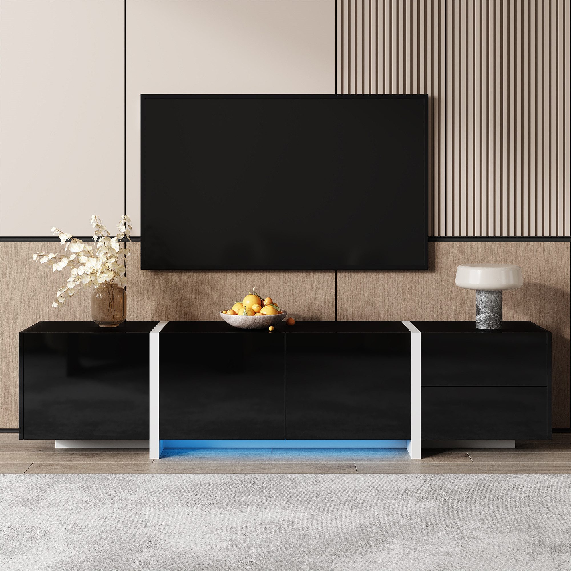 OKWISH Lowboard Hochglanzschrank (TV-Panel, Fernsehtisch, 1 St., 170*30*39cm), weißer und schwarz abgesetzte Tischbeine