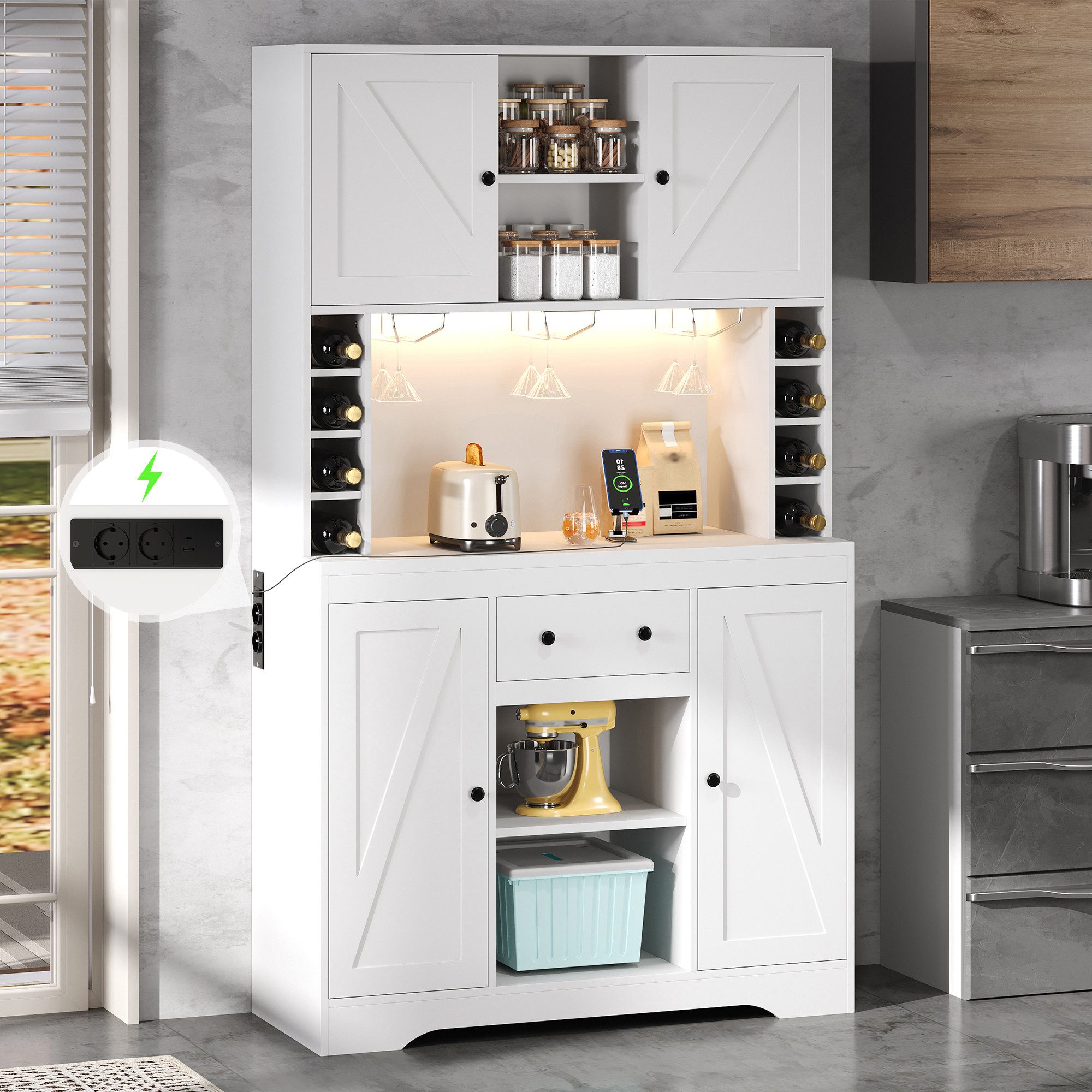 Flieks Küchenbuffet mit Steckdosen, LED-Beleuchtung, Weinregal und Gläserhalter (1-St., B105/T39/H180 cm) Hochschrank Küchenschrank mit verstellbaren Einlegeböden Weiß
