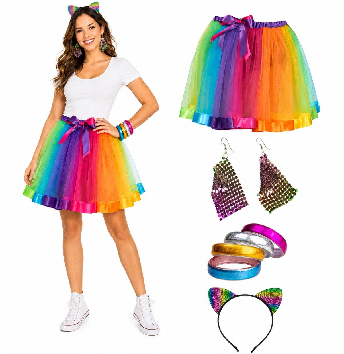 Das Kostümland Clown-Kostüm Regenbogen Disco Set für Damen, 4-teilig mit Rock