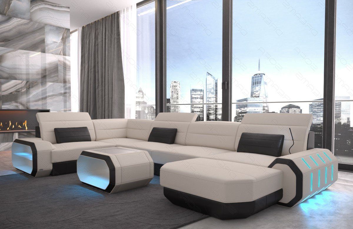 Sofa Dreams Wohnlandschaft Design Stoffsofa, wahlweise Roma Schlaffunktion U Couch Mikrofaser mit Sofa Stoff Form Polster elfenbein-schwarz M