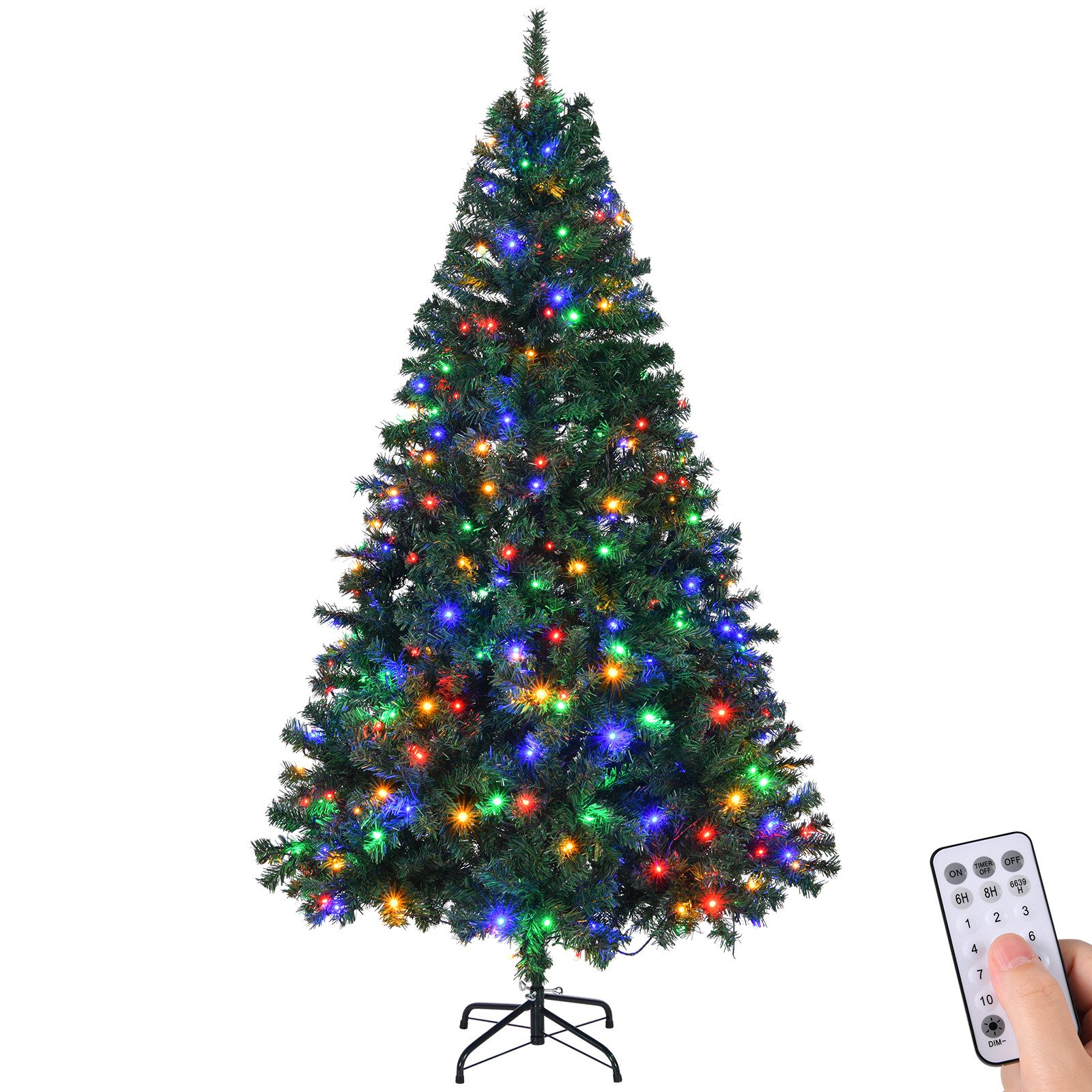 VINGLI Künstlicher Weihnachtsbaum mit Lichtern, Weihnachtsdeko mit Metallständer, für innen & Außen, 100 Warmen Lichtern, 8 Modi, 750 Spitzen, PVC & Metallständer, Grün