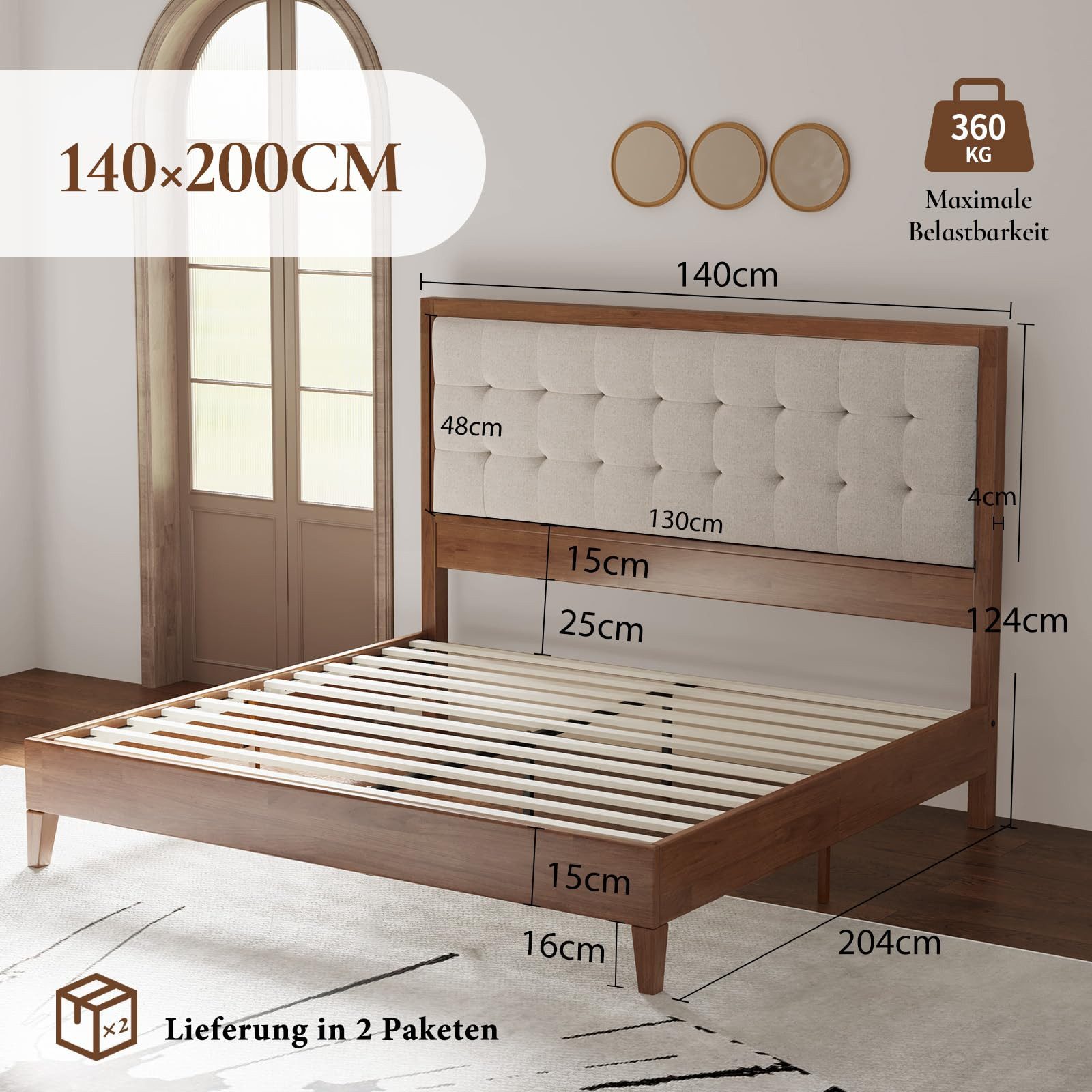 AMERLIFE Massivholzbett Gepolstertes Leinen-Kopfteil mit Knopfpolsterung (Ohne Matratze), Plattenbett Doppelbett 140 x 200 cm