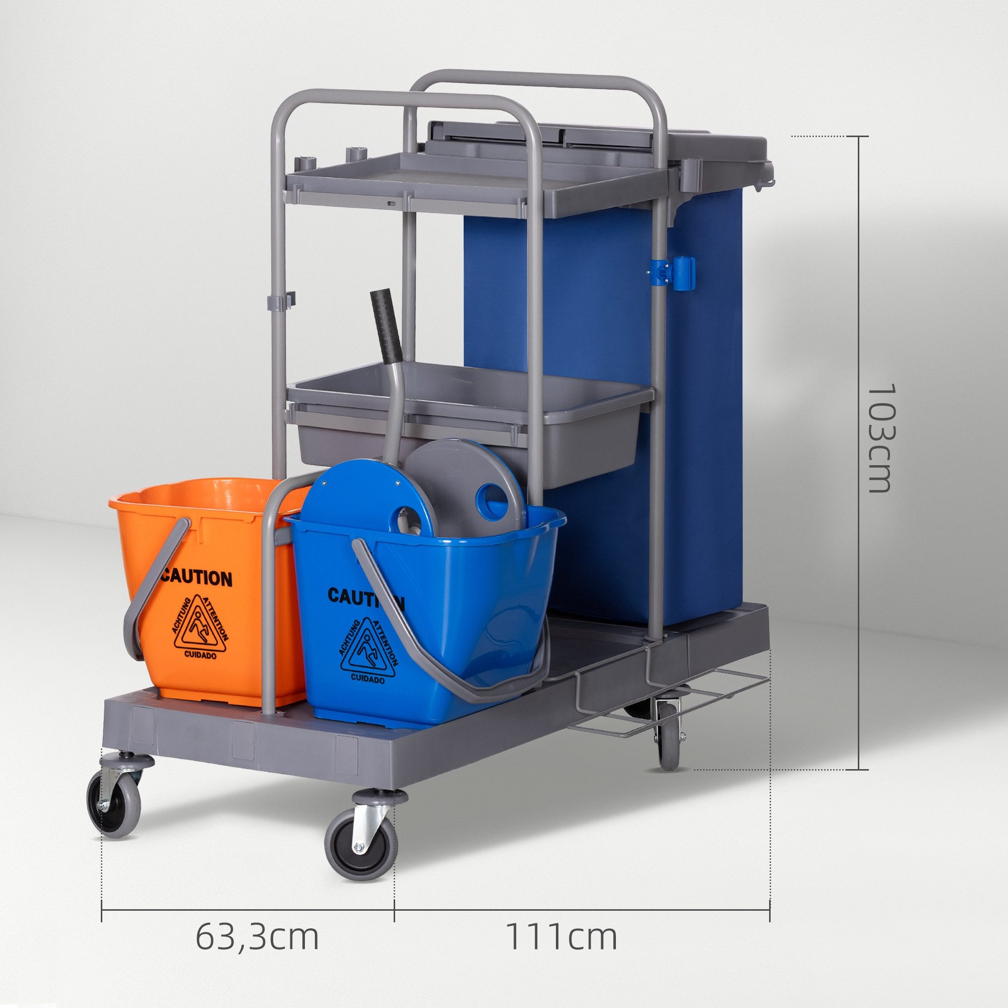 HOMCOM Putzeimer Reinigungswagen mit 3 Ebenen, 2x18L Eimer, Abfallsack, (Systemwagen, 1-tlg., Reinigungswagen mit Eimern und Abfallsack), Mit Auswringer und großem Abfallsack