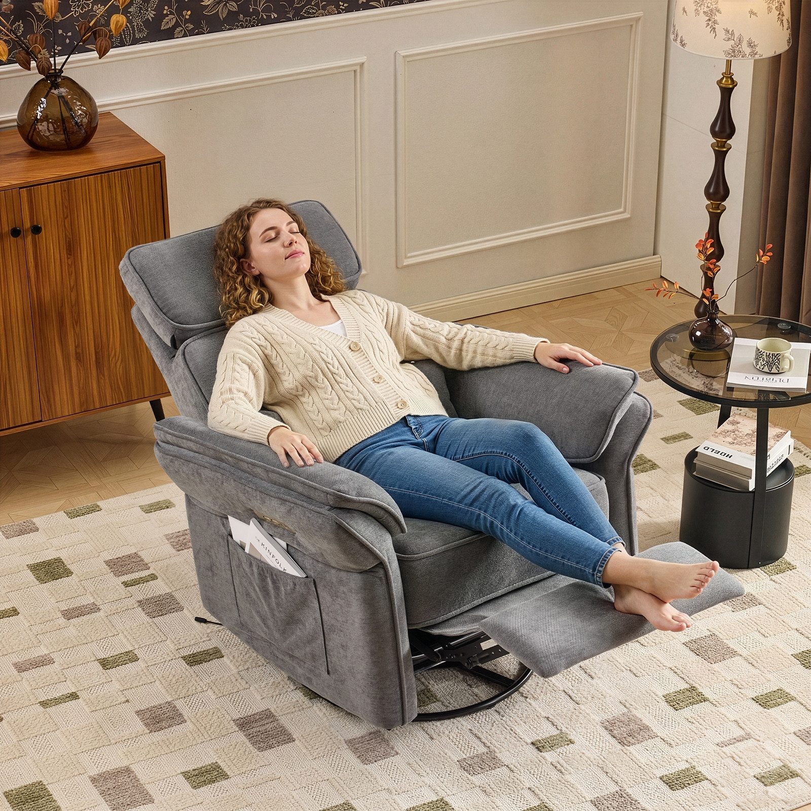 LALAHO Sessel Relaxsessel Fernsehsessel Liegesessel, Wippfunktion,Heizfunktion, Stillstuhl, verstellbare Kopfstütze und Armlehnen, USB, USB‑C