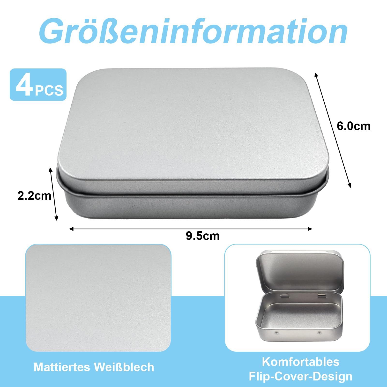 FOUORTUNATE-BEE Aufbewahrungsbox 4 Stück Metall-Aufbewahrungsbox Tragbare Mini-Silberne Metallbox (Blechdosen mit Deckel Rechteckig Rostfrei Minibox Aufbewahrungsbox, 4 St., 9.5×6.0×2.2cm), für Münzen, Süßigkeiten, Schlüsseletc,Kleinen Gegenständen