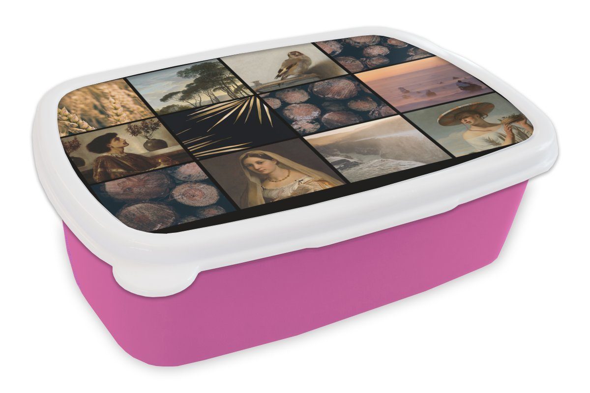 MuchoWow Lunchbox Collage - Alte Meister - Farben, Kunststoff, (2-tlg), Brotbox für Erwachsene, Brotdose Kinder, Snackbox, Mädchen, Kunststoff rosa
