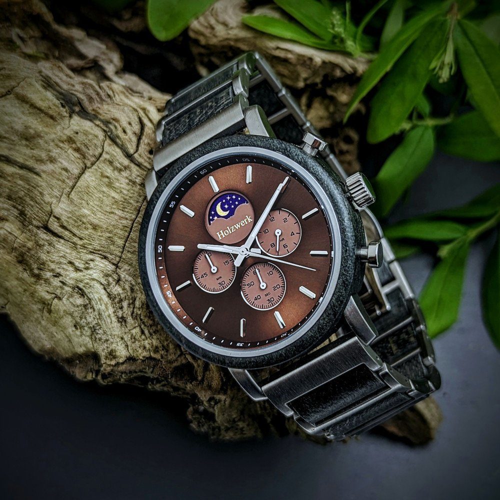 Holzwerk Chronograph Edelstahl & Holz Armband Uhr mit Mondphase, inklusive Armbandkürzer, ideal auch als Geschenk