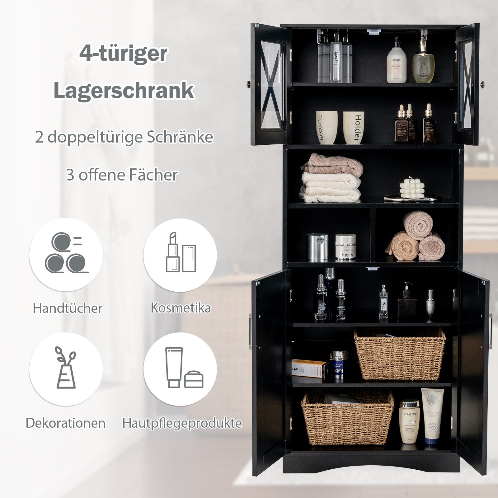 KOMFOTTEU Hochschrank Hochschrank Badezimmerschrank,3 offene Fächer – Bild 4 von 5