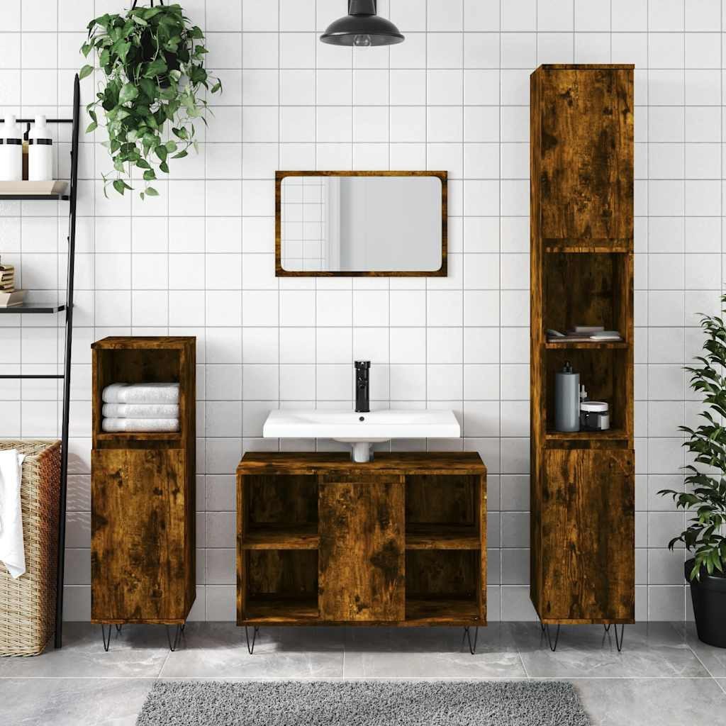 Badkommode Badezimmerschrank 30x30x100 cm in Räuchereiche mit Eisenfüßen