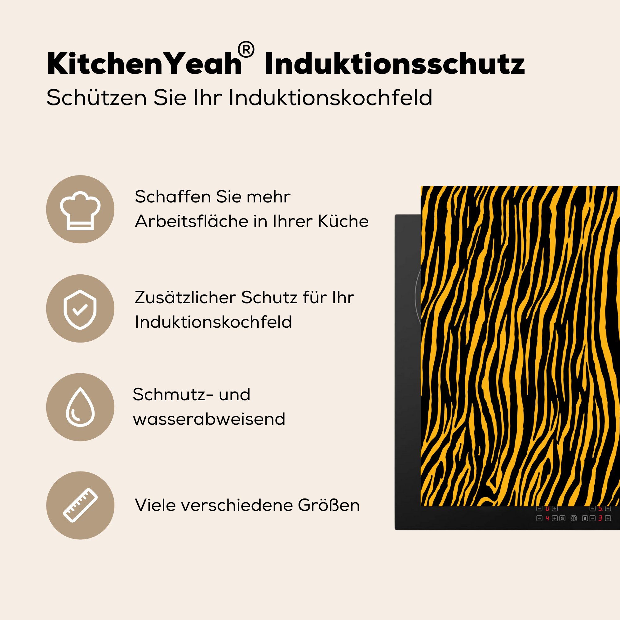 MuchoWow Herdblende-/Abdeckplatte Tigerdruck cm, 59x52 Muster (1 küche, Vinyl, Ceranfeldabdeckung Orange, - die - für tlg), Induktionsmatte
