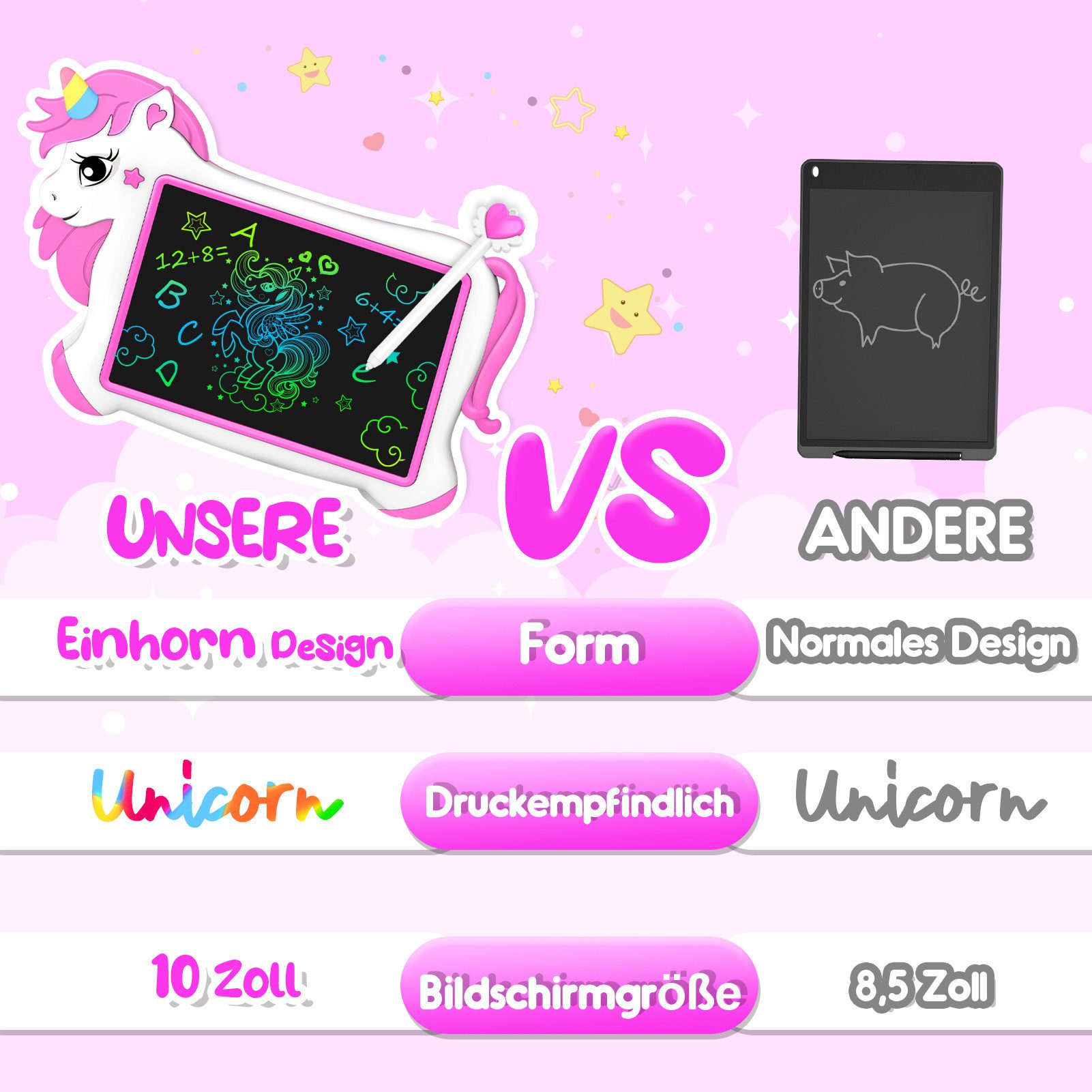 Wootoy Zaubertafel Einhorn Maltafeln Kinder Schreibtafel 10 Zoll Zeichentablet mit Stift, (Stifthalter und elastisches Befestigungsband sorgen, 1-tlg., Kreative Beschäftigung ohne zusätzliches Malzubehör), Kompakte und leichte Bauweise ideal für Zuhause Reisen und unterwegs