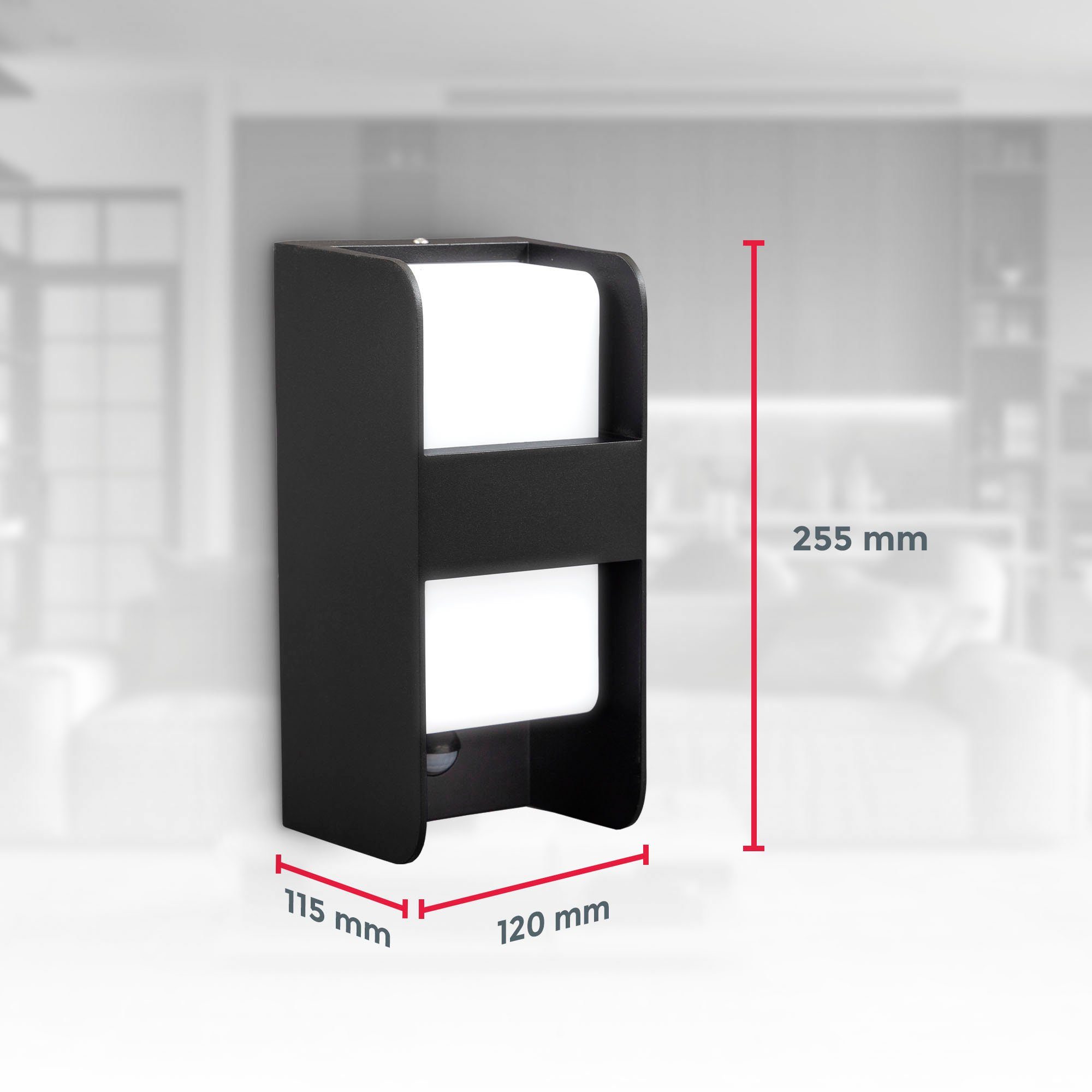 25,5x12 BK_WL1474 12W), IP44, Außen-Wandleuchte B.K.Licht ohne Außenlampe Leuchtmittel Bewegungsmelder, ohne Dämmerungssensor mit E27, Mittelsteg, (max. Leuchtmittel, cm, 1-flammig, mit