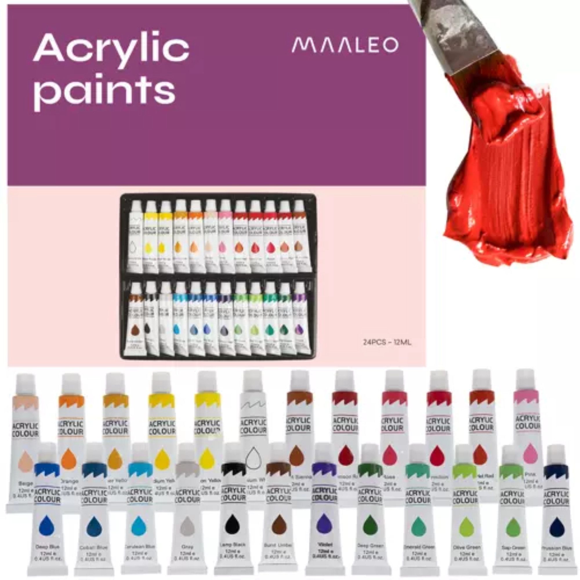MAALEO Acrylfarbe Künstlerqualität Acrylfarben Set - 24/12 Farben à 12 ml, Lebendige Farben, geruchs- und ungiftig, wasserfest, leicht mischbar