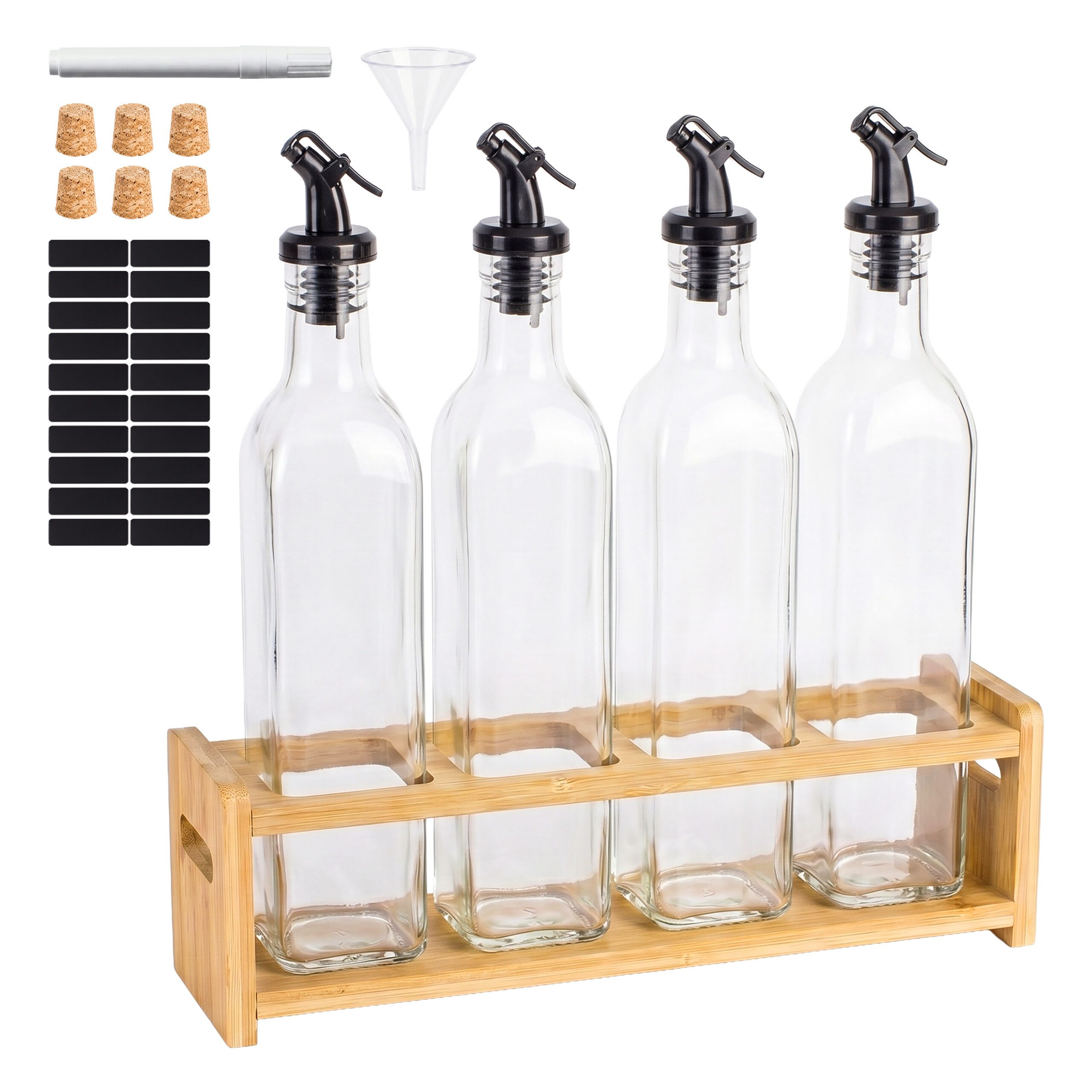 relaxdays Ölspender Öl Flasche mit Bambsuregal 4er Set, (4-tlg)
