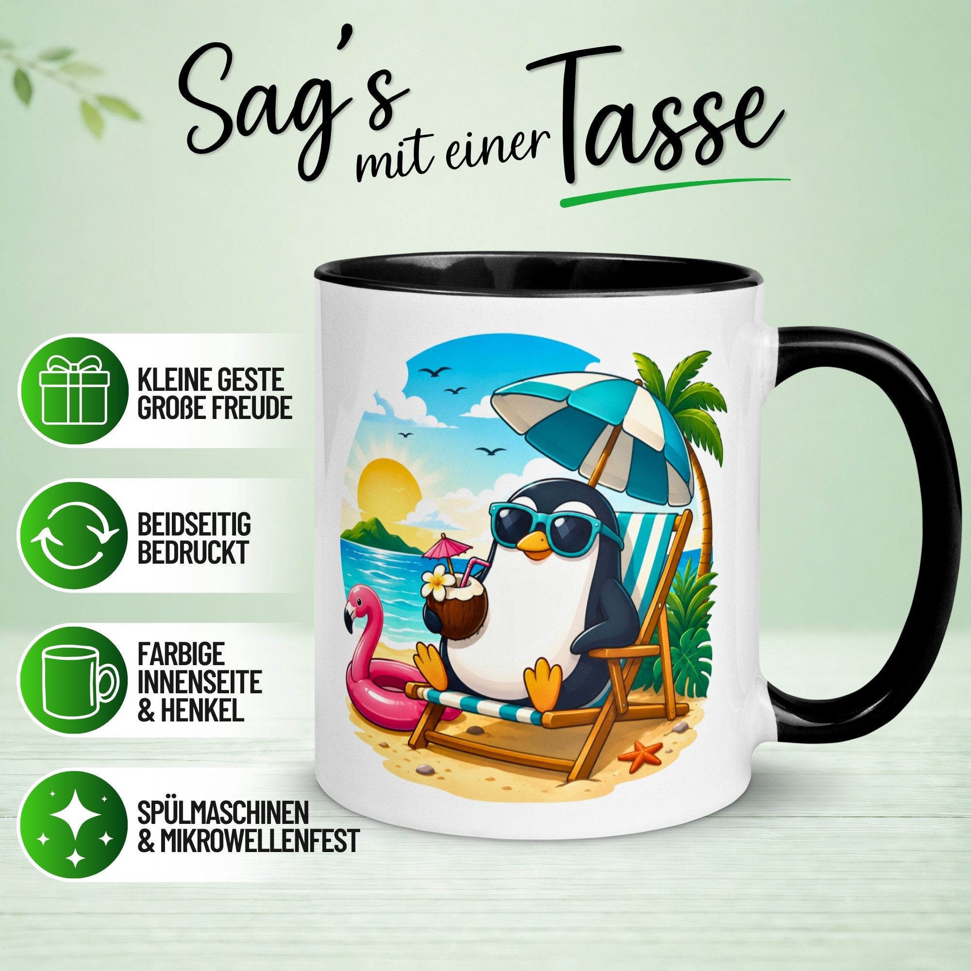 Momentals Tasse Pinguin – Chilliger Pinguin am Strand – lustiges Anti Stress Geschenk, Gratis Versand · Links-&Rechtshänder · Spülmaschinenfest